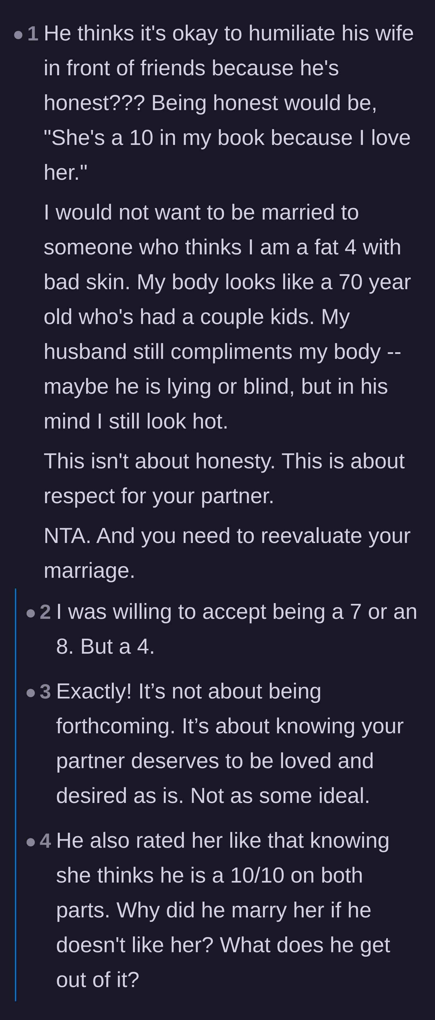 Comment thread 4 - The wife realizing her husband's hypocrisy in rating himself perfectly while actively tearing her down.