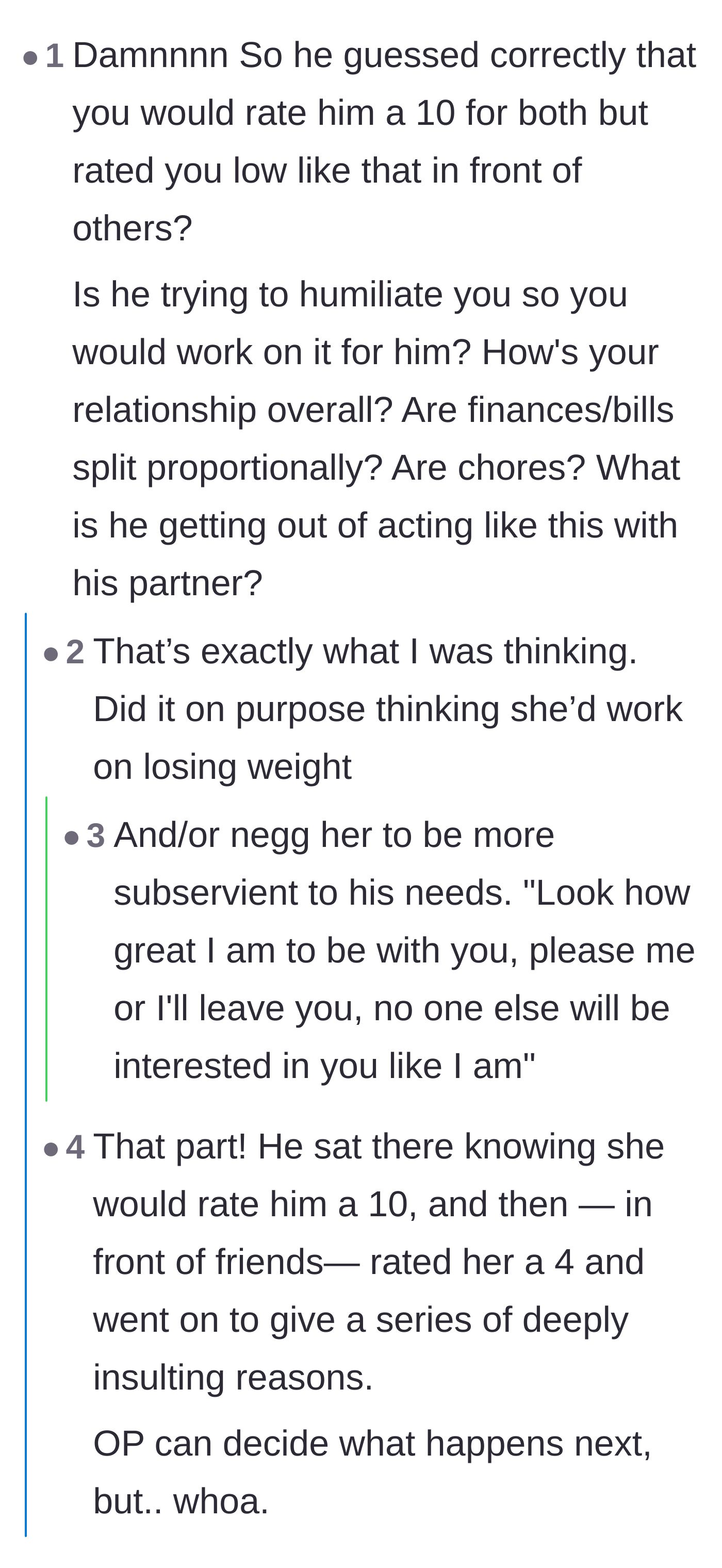 Comment thread 6 - Analyzing the husband's manipulative tactic of negging his wife to control her self-esteem.