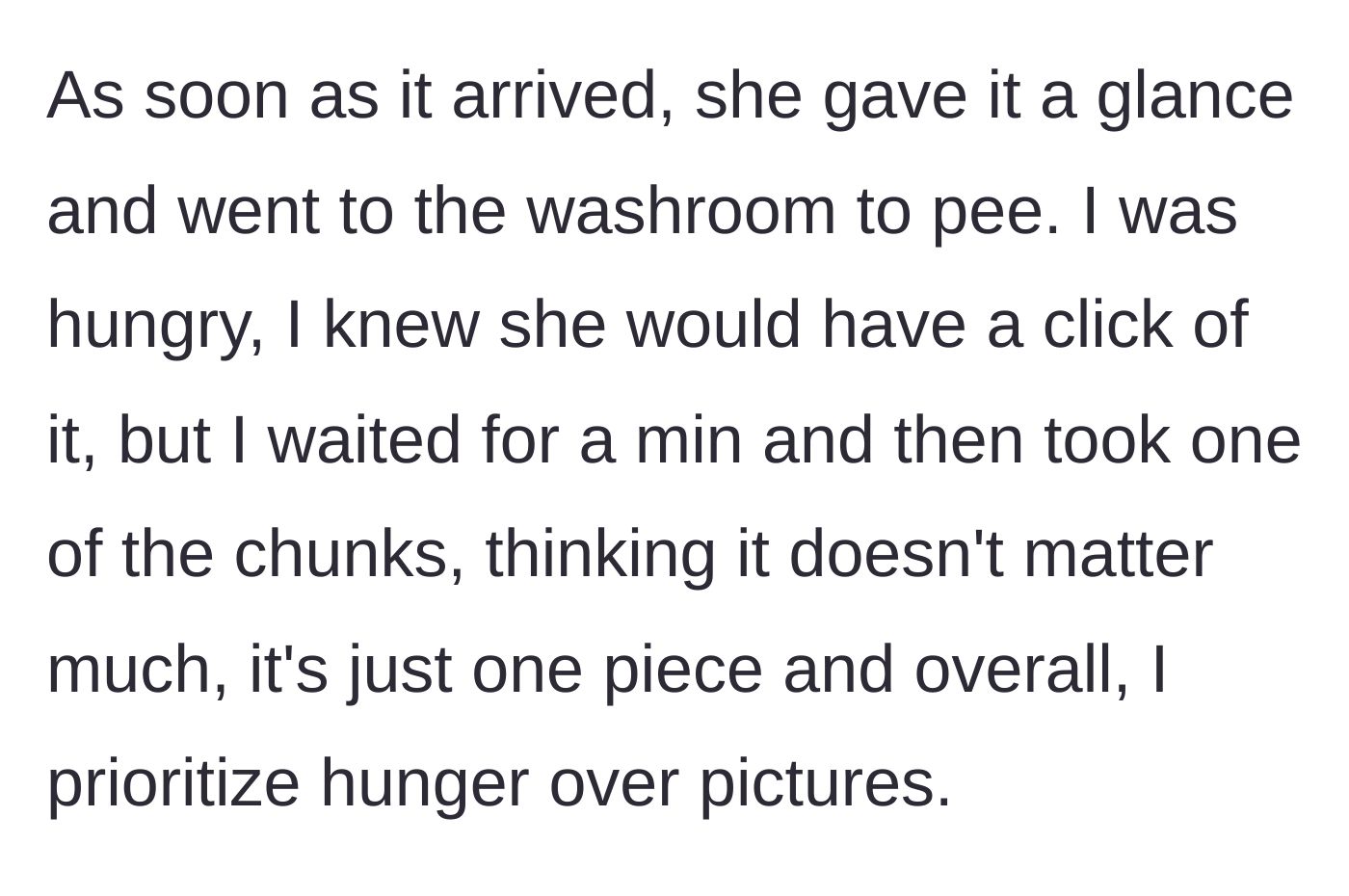 Story part 3 - The girlfriend leaves for the restroom, and the hungry boyfriend eats one piece from his own skewer.
