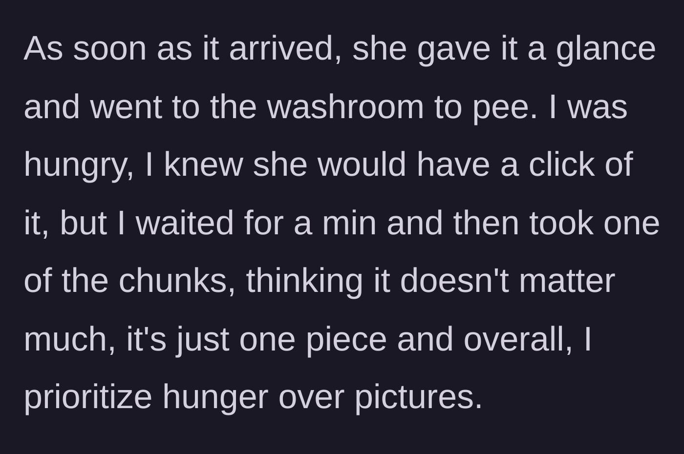 Story part 3 - The girlfriend leaves for the restroom, and the hungry boyfriend eats one piece from his own skewer.