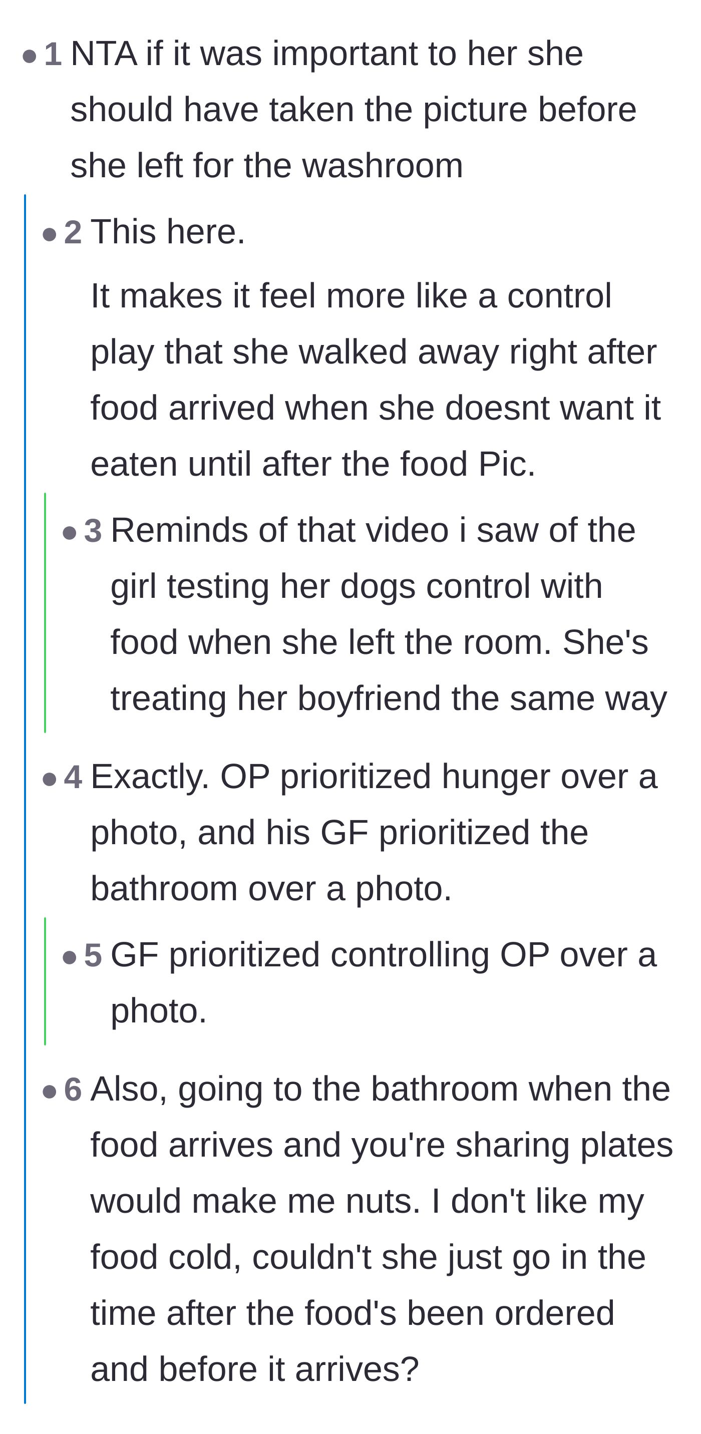 Comment thread 1 - Debating whether the girlfriend's perfectly timed bathroom break was a deliberate control tactic over her partner.
