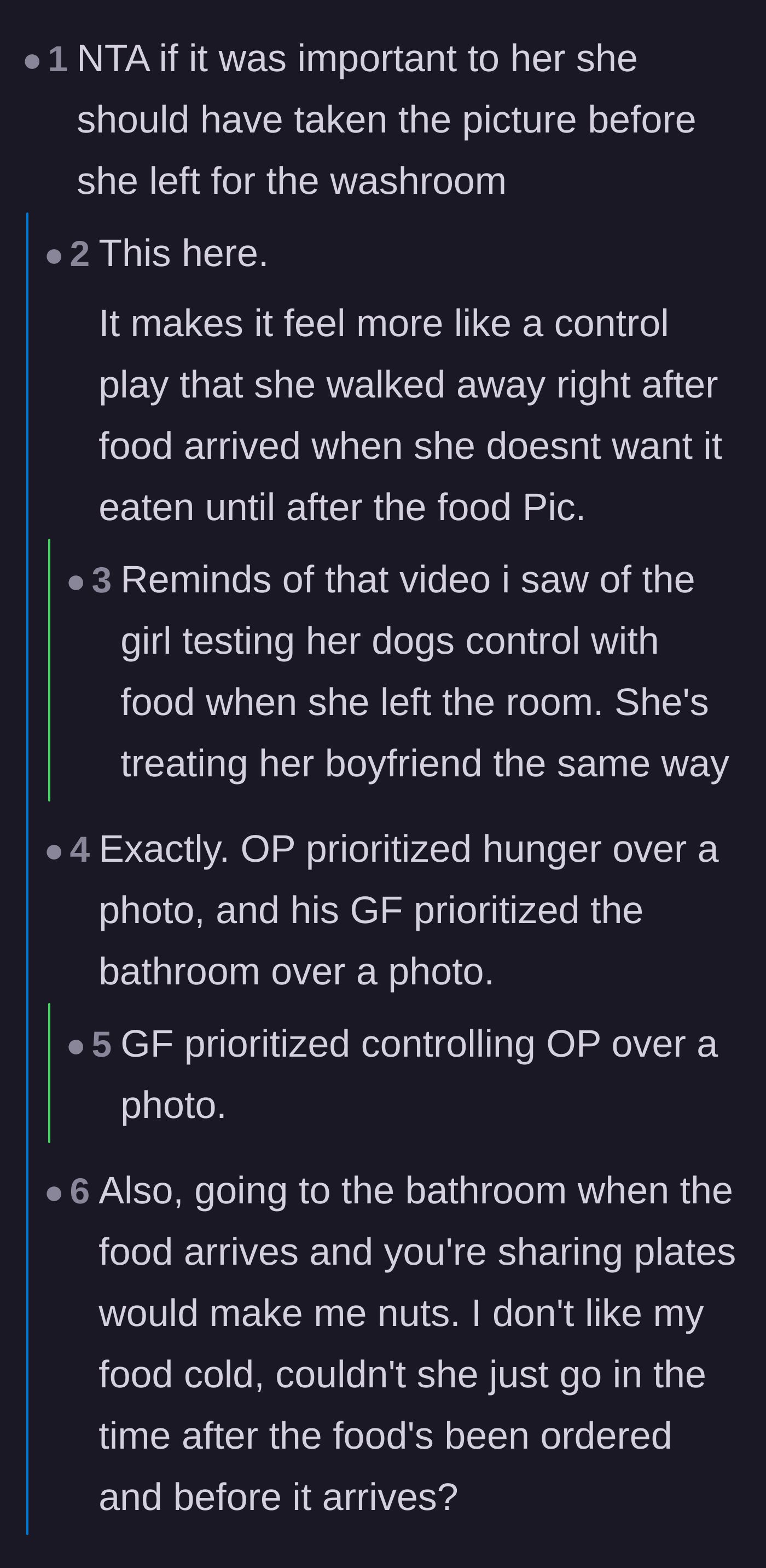 Comment thread 1 - Debating whether the girlfriend's perfectly timed bathroom break was a deliberate control tactic over her partner.