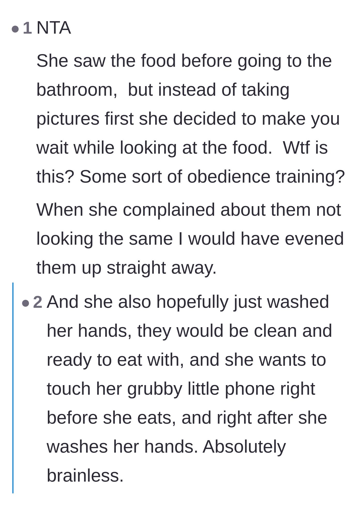 Comment thread 2 - Pointing out the lack of hygiene and basic consideration in demanding to touch a phone right after washing hands.