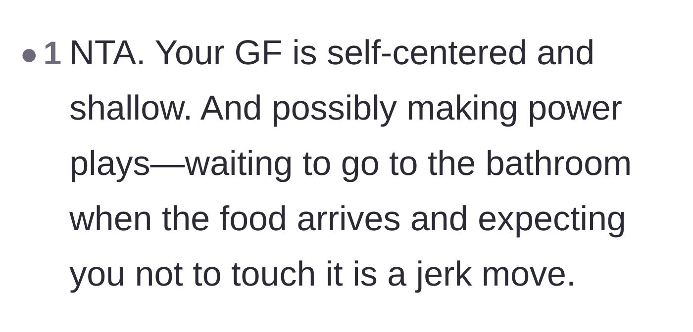 Comment thread 3 - Calling out the girlfriend's behavior as a shallow and self-centered power play.