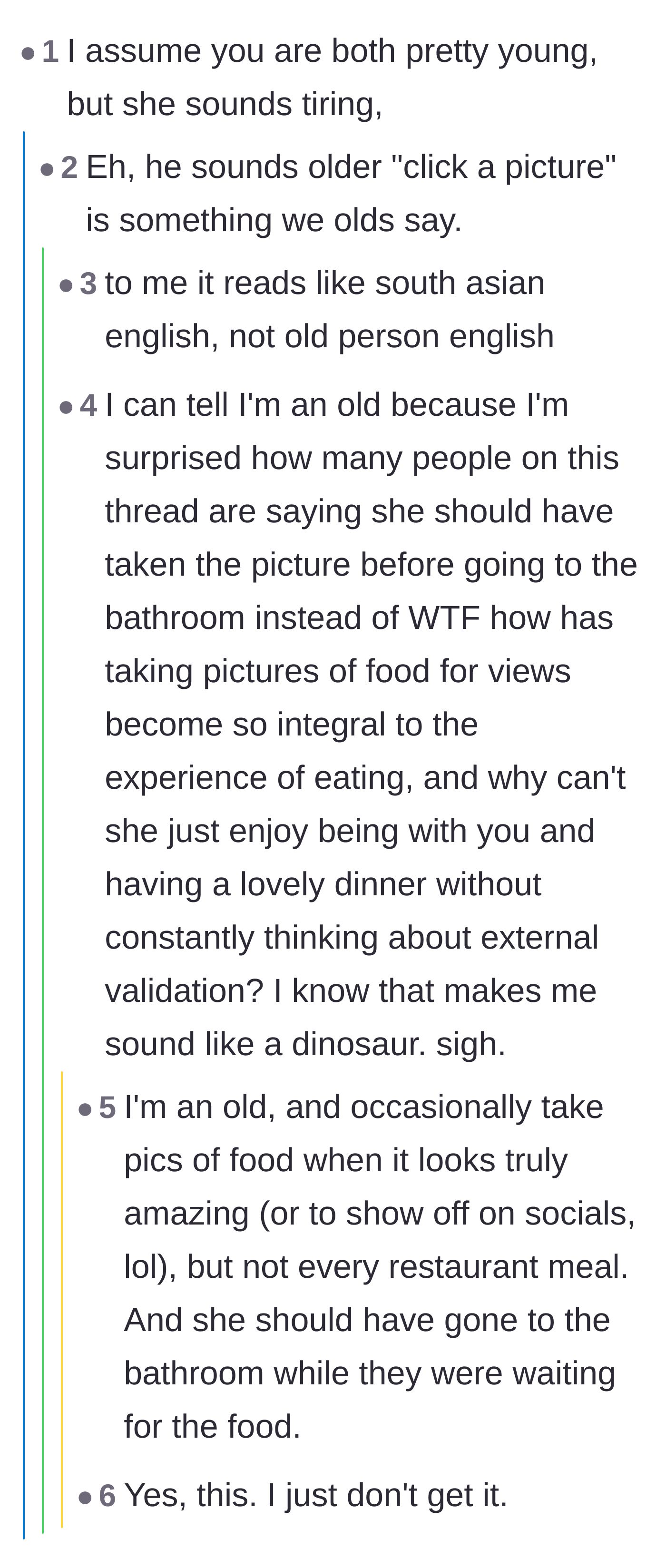 Comment thread 6 - Lamenting how the desperate need for social media validation has completely hijacked the simple joy of dining out.