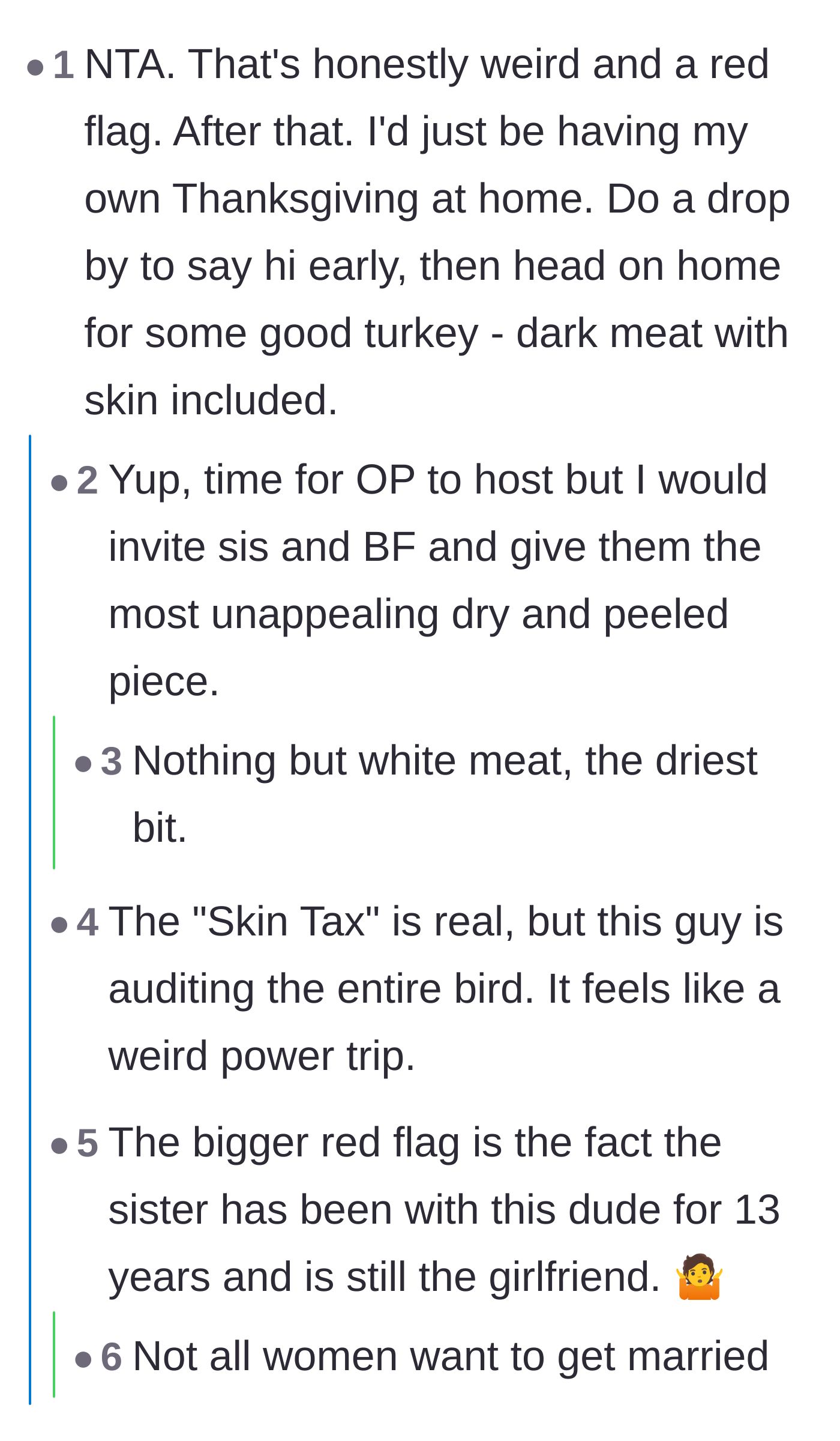 Comment thread 2 - Readers calling the food-hoarding behavior a red flag and suggesting petty revenge by serving the hosts only dry meat.