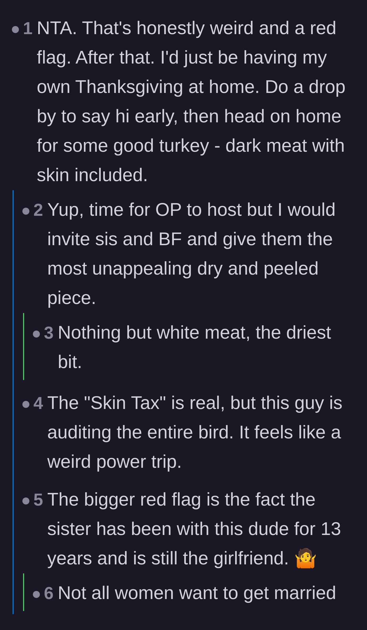 Comment thread 2 - Readers calling the food-hoarding behavior a red flag and suggesting petty revenge by serving the hosts only dry meat.