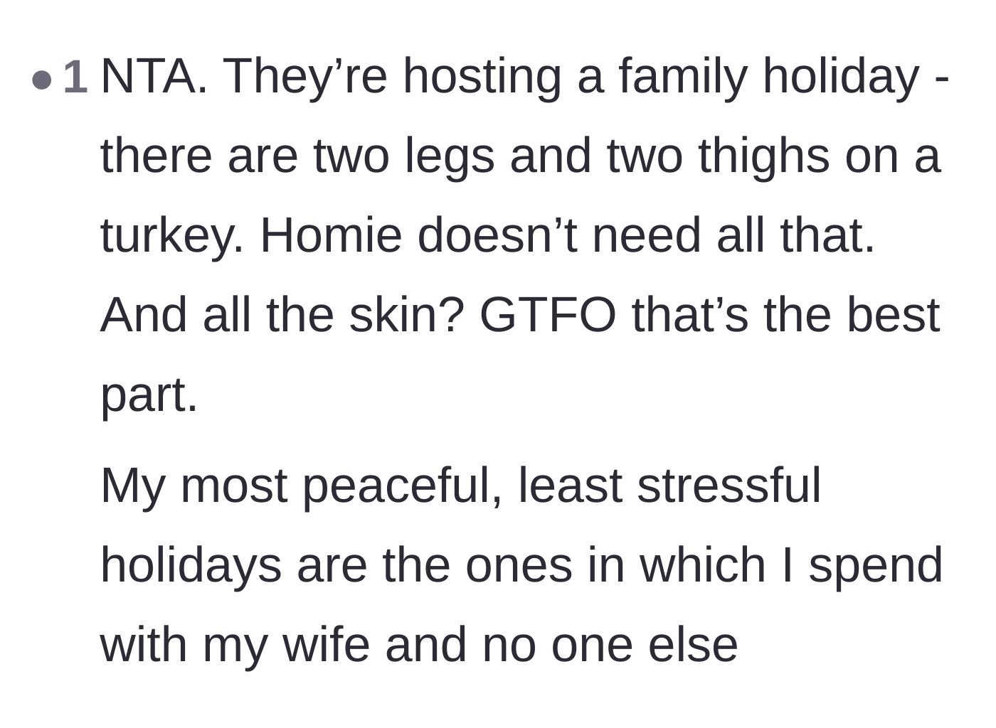 Comment thread 6 - Pointing out the basic anatomy of a turkey to show how much the host was hoarding and advocating for peaceful holidays at home.