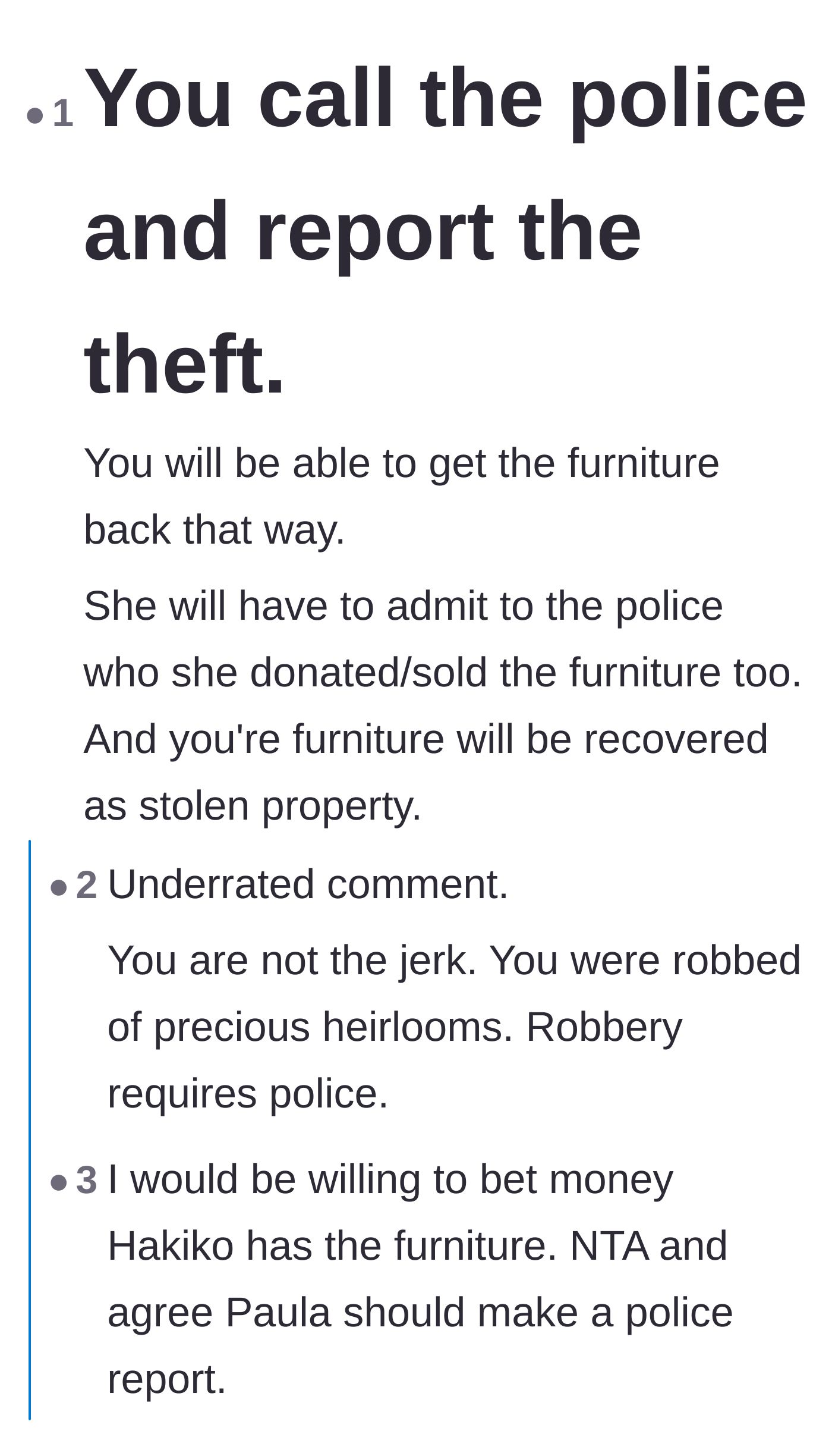 Comment thread 1 - Readers advise filing a police report to recover the stolen mahogany furniture and speculate about the mother-in-law's true motives.