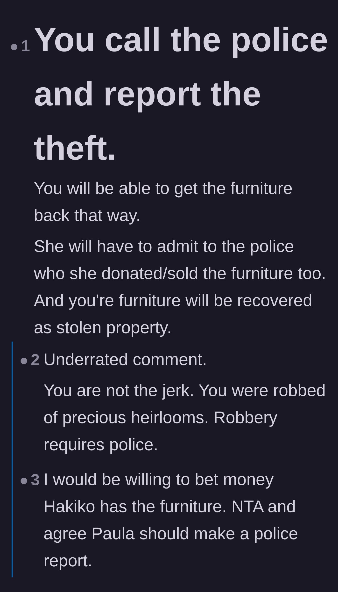 Comment thread 1 - Readers advise filing a police report to recover the stolen mahogany furniture and speculate about the mother-in-law's true motives.