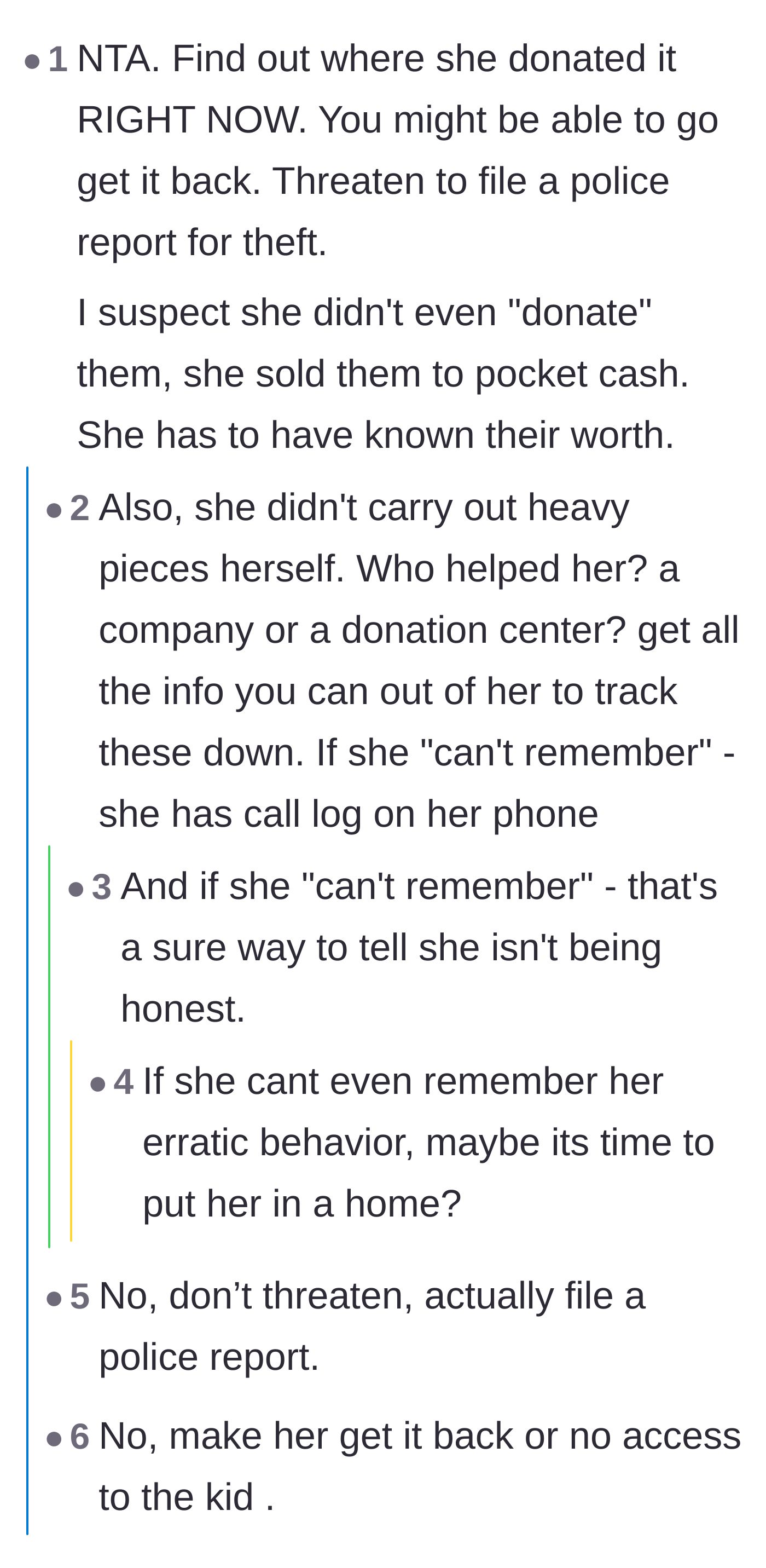 Comment thread 2 - Commenters discuss the logistics of moving heavy furniture, theorizing that the mother-in-law sold the pieces for profit.