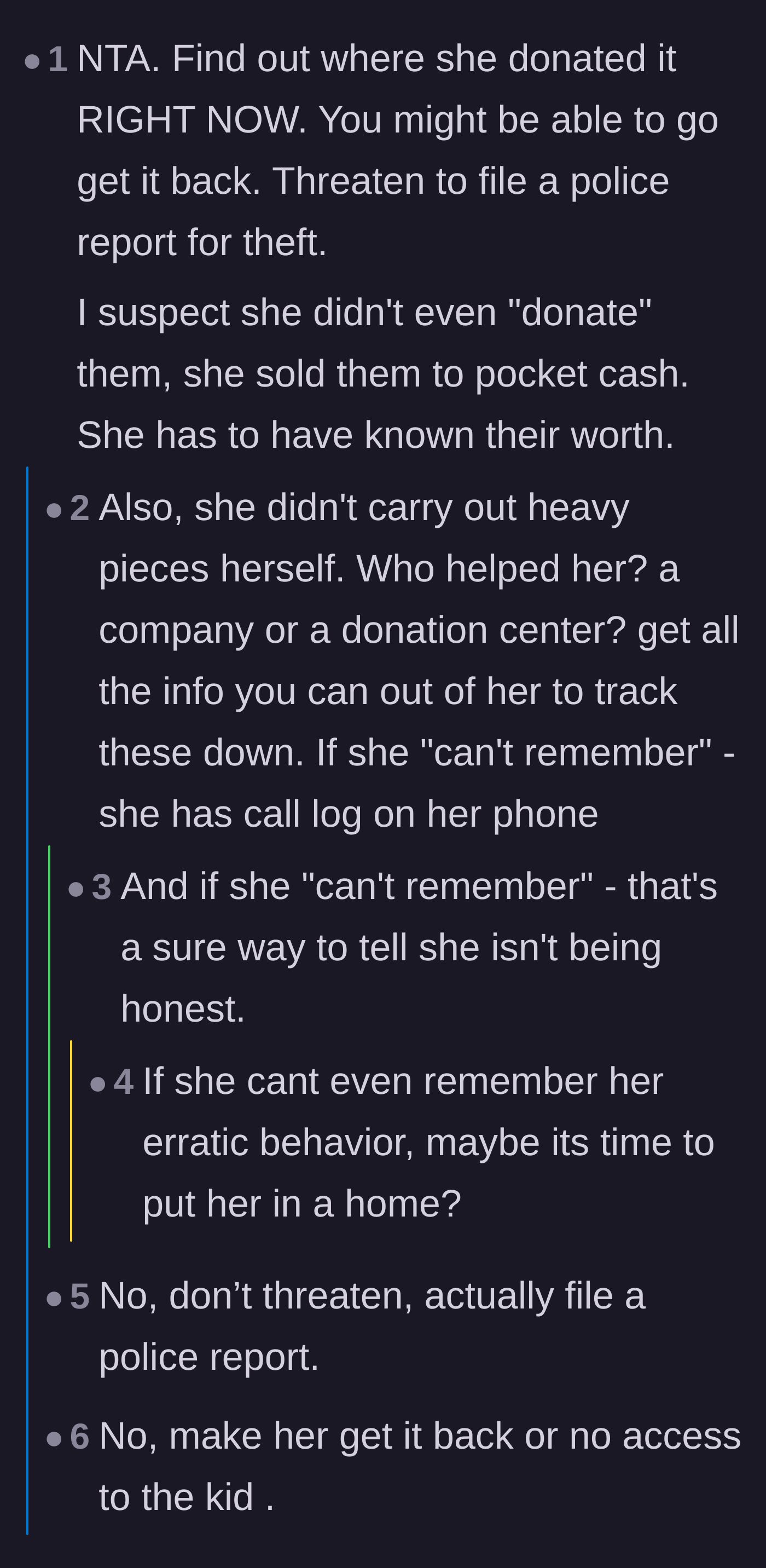 Comment thread 2 - Commenters discuss the logistics of moving heavy furniture, theorizing that the mother-in-law sold the pieces for profit.