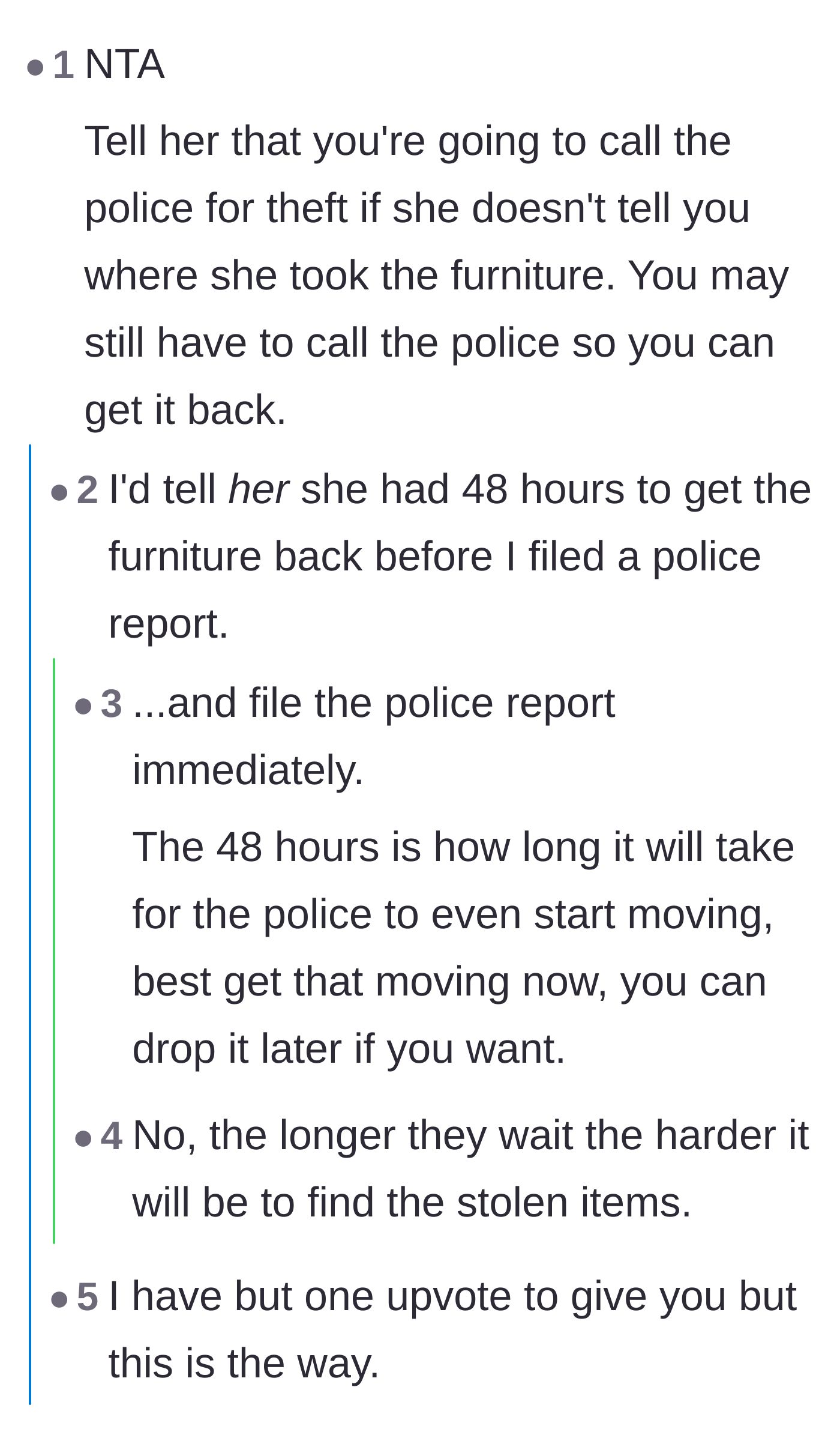 Comment thread 3 - A debate on whether to give the mother-in-law an ultimatum or go directly to the authorities.