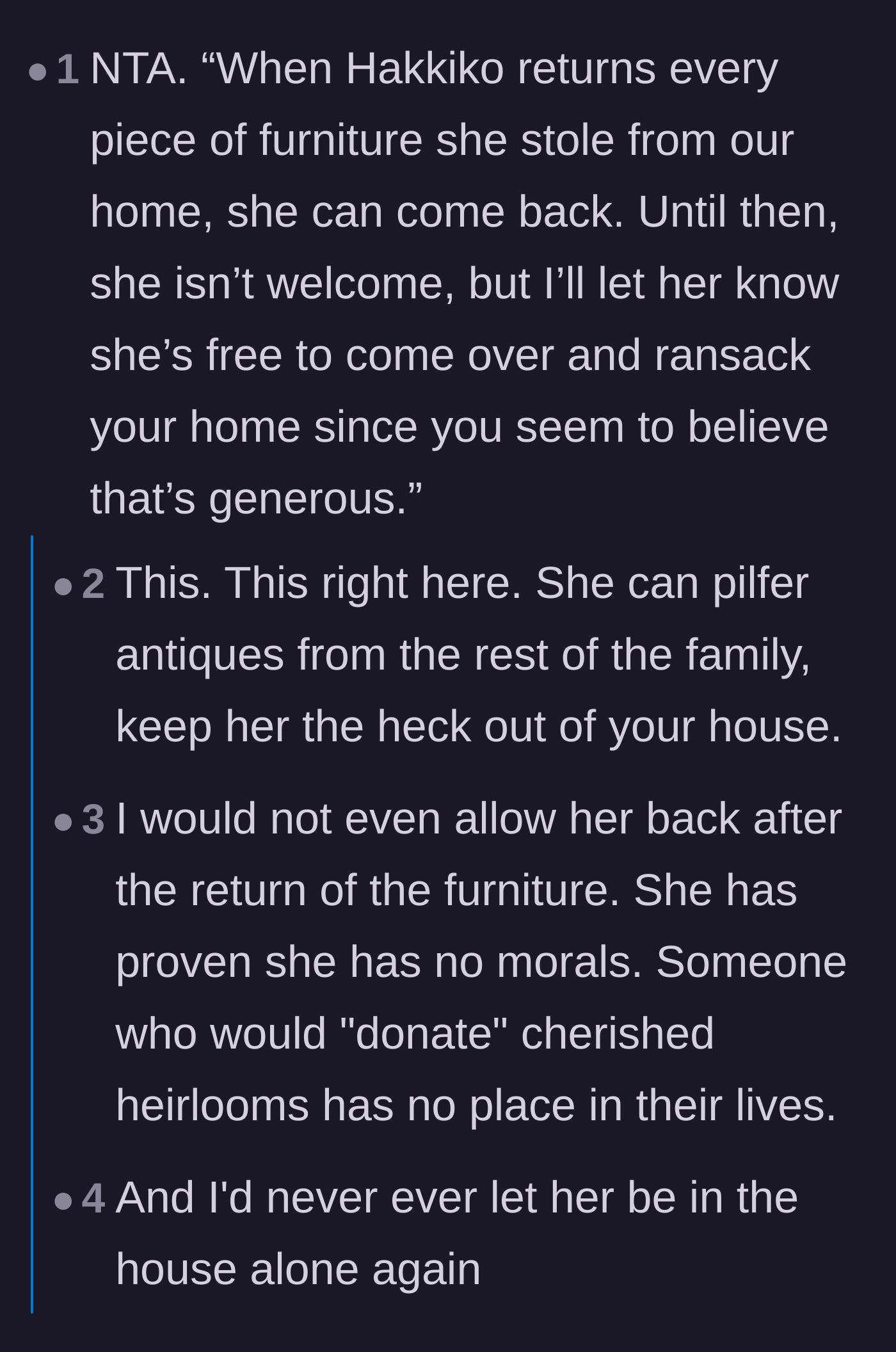 Comment thread 6 - A suggested script for responding to the enabling family members, inviting the mother-in-law to redecorate their homes instead.