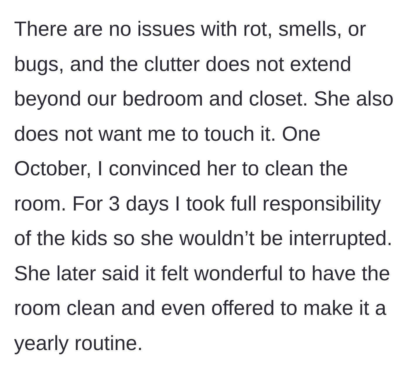 Story part 2 - A husband cheerfully managing children while his wife successfully cleans and organizes their previously chaotic bedroom.