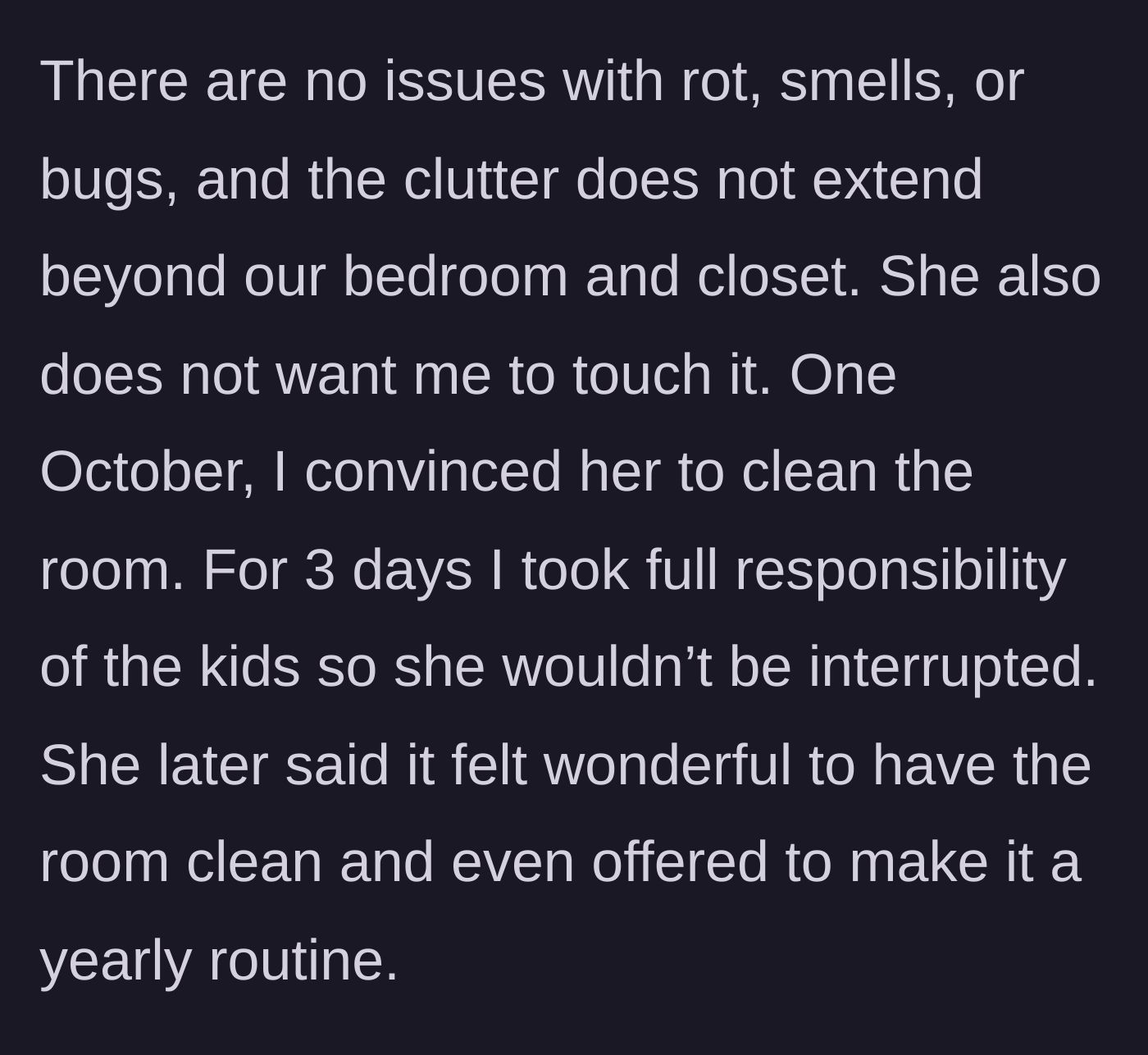 Story part 2 - A husband cheerfully managing children while his wife successfully cleans and organizes their previously chaotic bedroom.