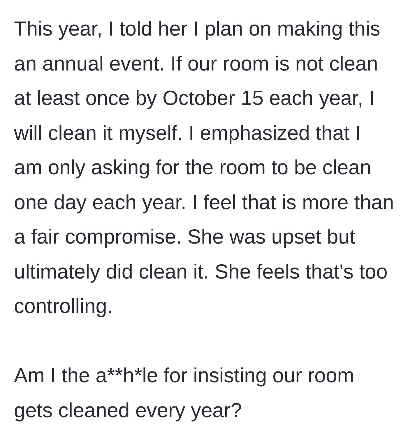Story part 5 - A husband setting a firm calendar deadline for October 15th, while his wife begrudgingly cleans her side of the room.