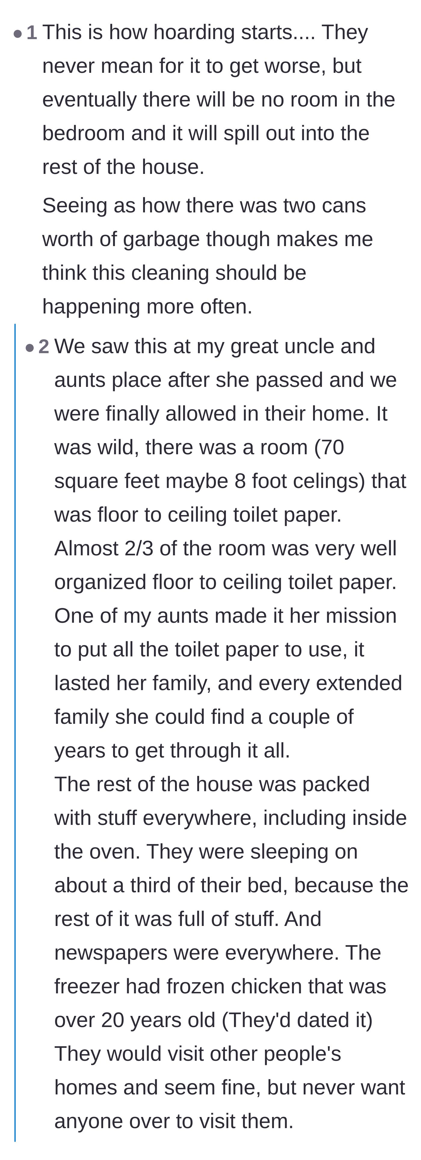 Comment thread 3 - Readers sharing wild, personal anecdotes about family members whose hoarding escalated dangerously out of control.