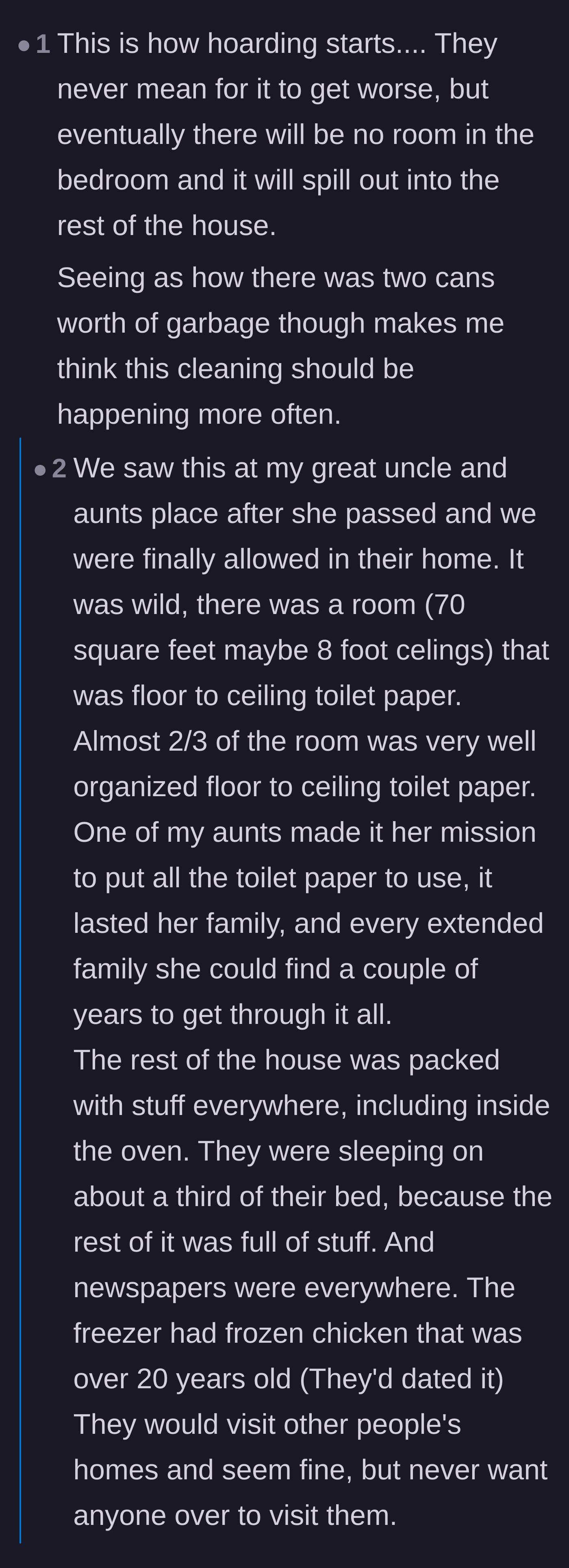 Comment thread 3 - Readers sharing wild, personal anecdotes about family members whose hoarding escalated dangerously out of control.