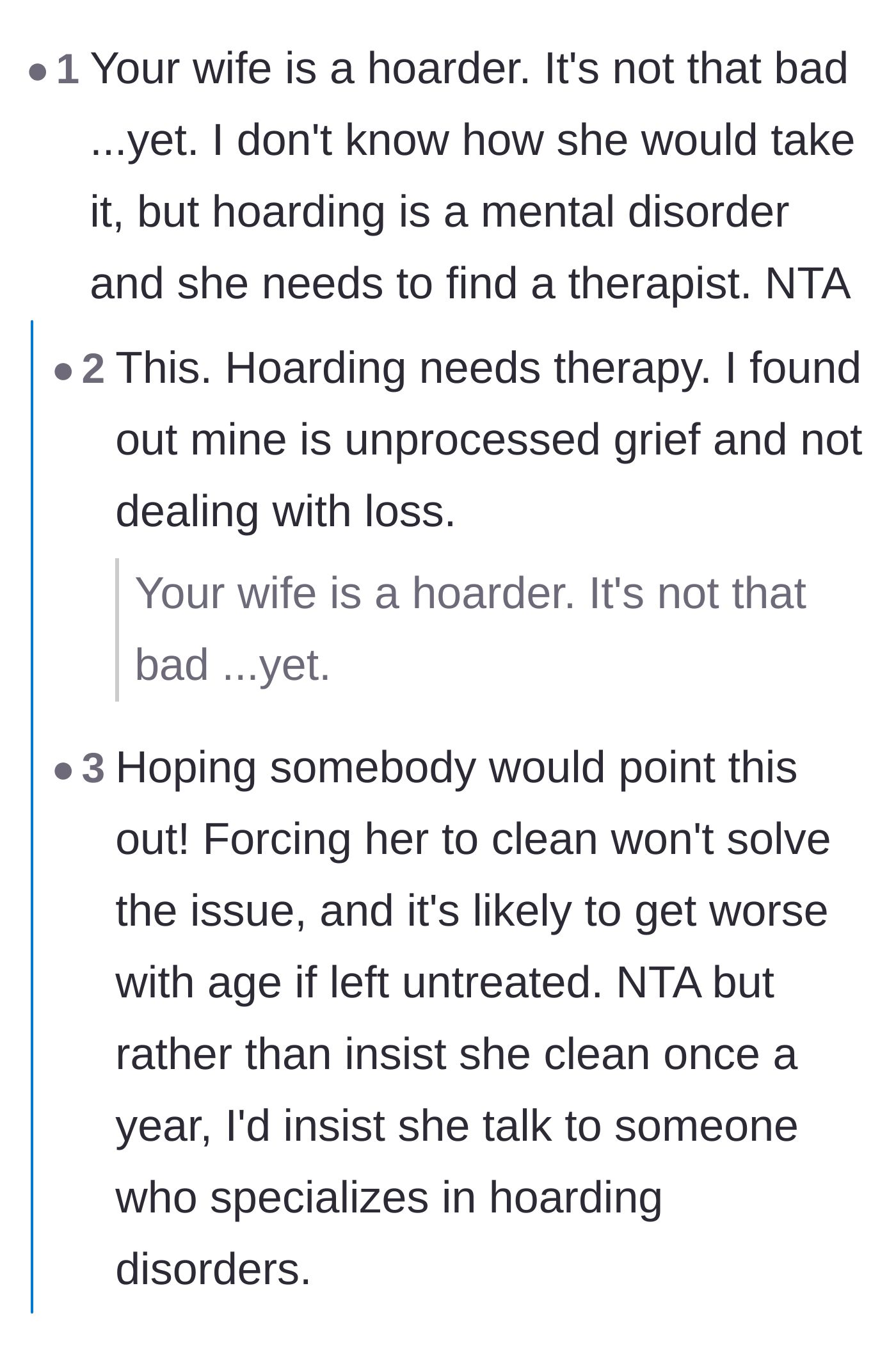 Comment thread 5 - A discussion about how hoarding is often a symptom of unprocessed grief, making forced cleaning ineffective.