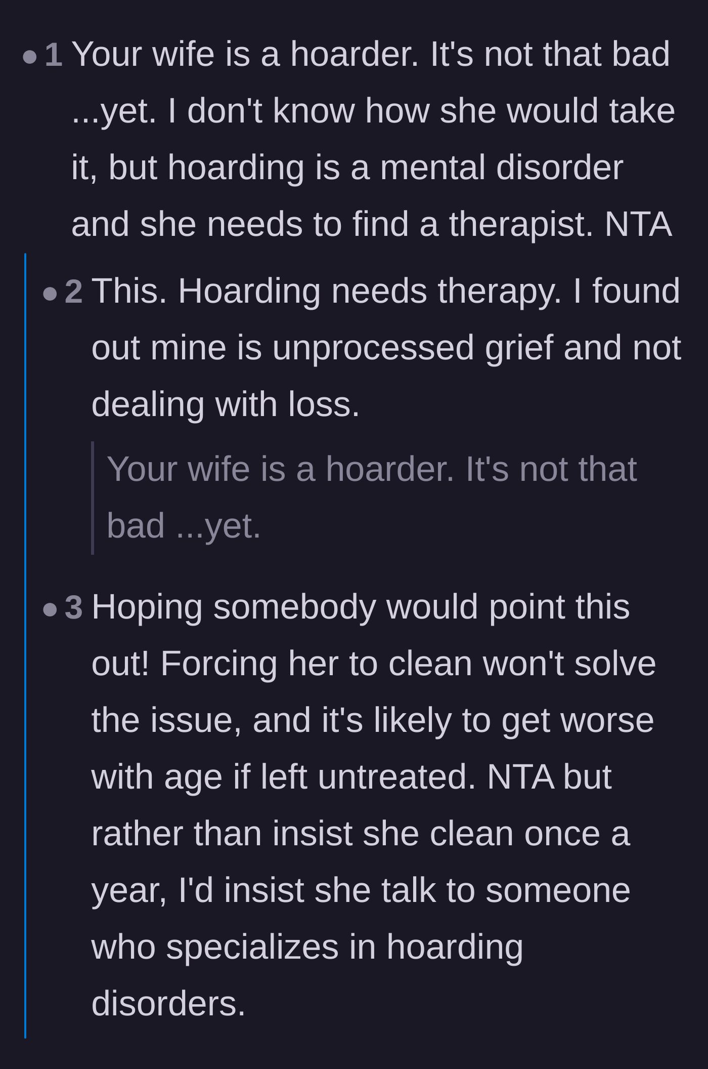 Comment thread 5 - A discussion about how hoarding is often a symptom of unprocessed grief, making forced cleaning ineffective.