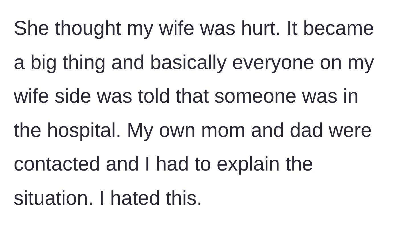 Story part 3 - The mother-in-law assumes the wife is hurt, triggering a panic that alerts the entire extended family, including the husband's oblivious parents.