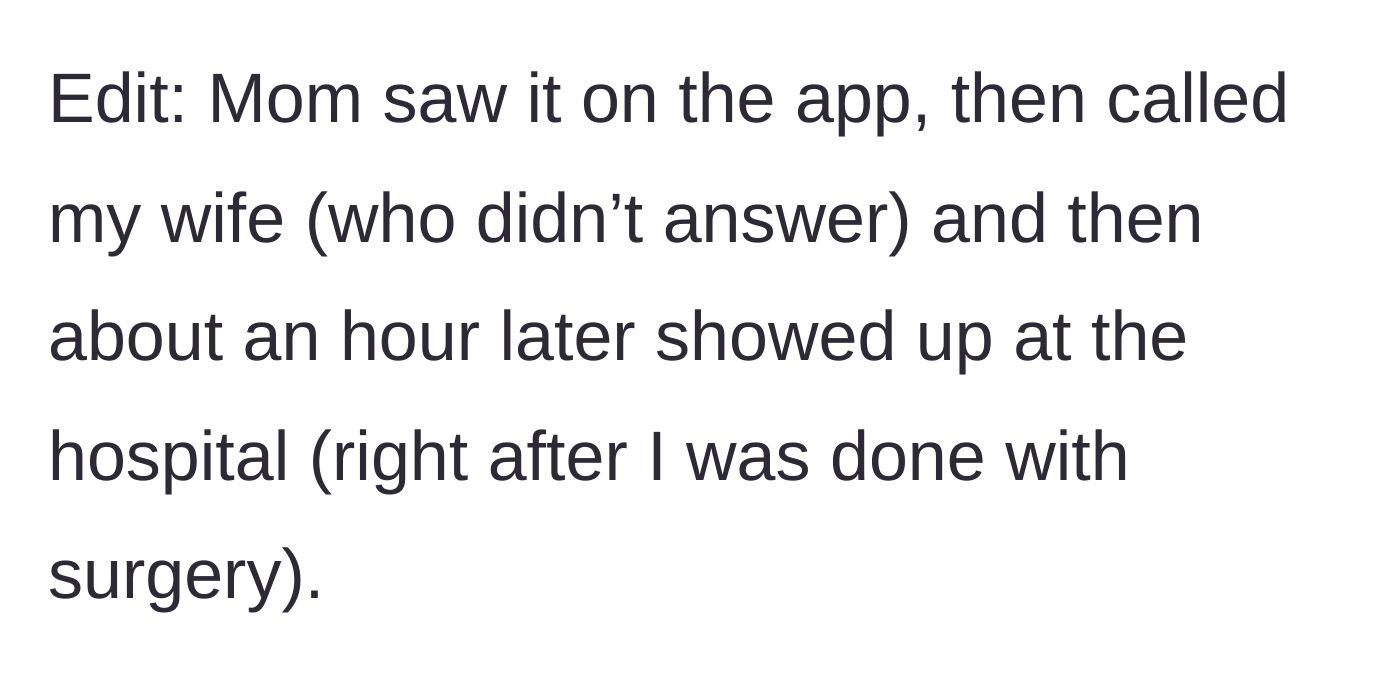 Story part 5 - The husband clarifies the timeline, noting his mother-in-law saw the hospital location, called, and arrived within an hour of his surgery finishing.