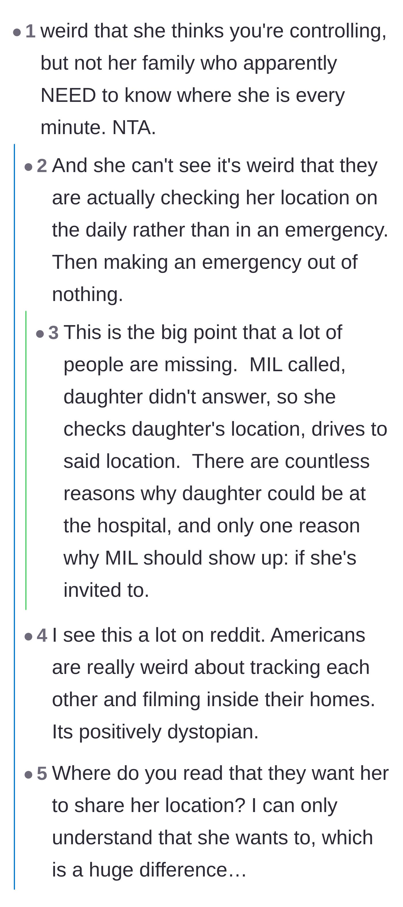 Comment thread 1 - Discussing the irony of the wife calling her husband controlling when her mother actively stalks her daily.