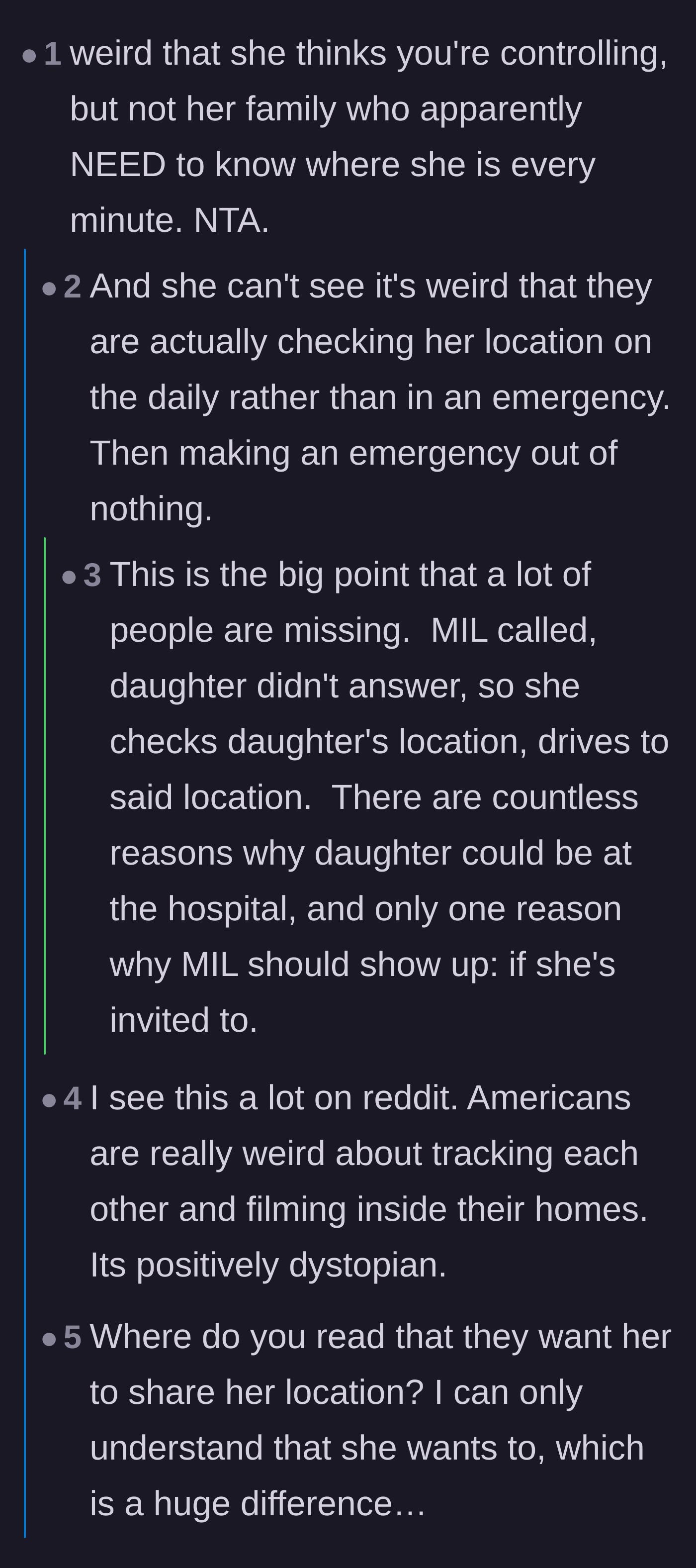 Comment thread 1 - Discussing the irony of the wife calling her husband controlling when her mother actively stalks her daily.