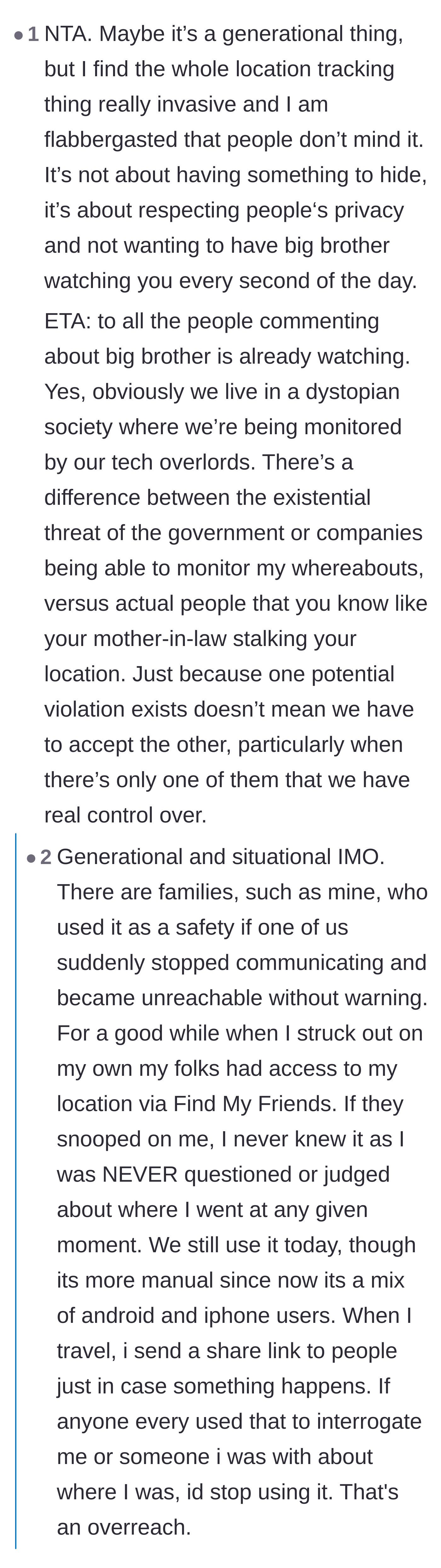 Comment thread 2 - Debating the generational differences in location tracking and when a safety tool becomes a dystopian nightmare.