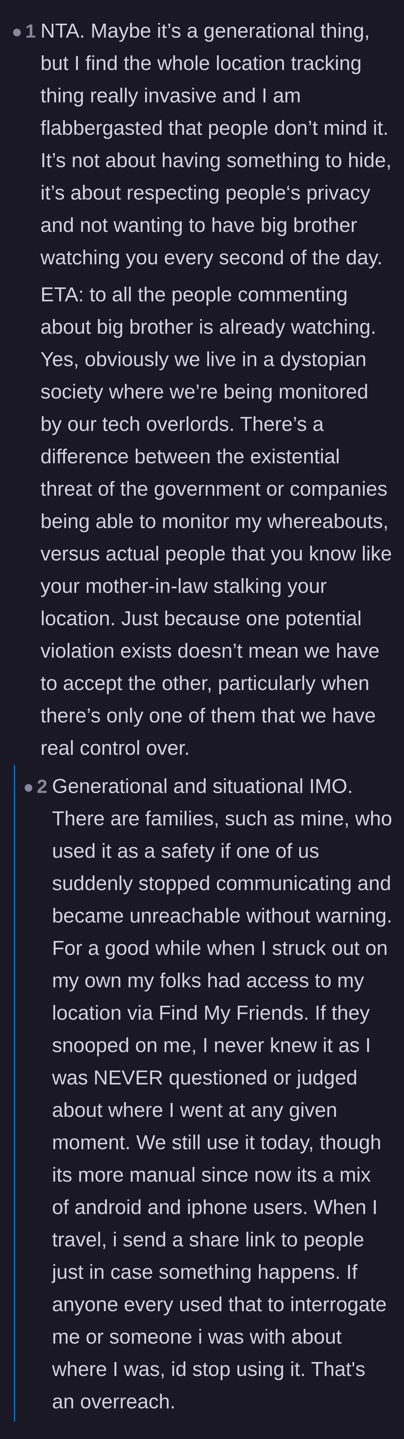 Comment thread 2 - Debating the generational differences in location tracking and when a safety tool becomes a dystopian nightmare.