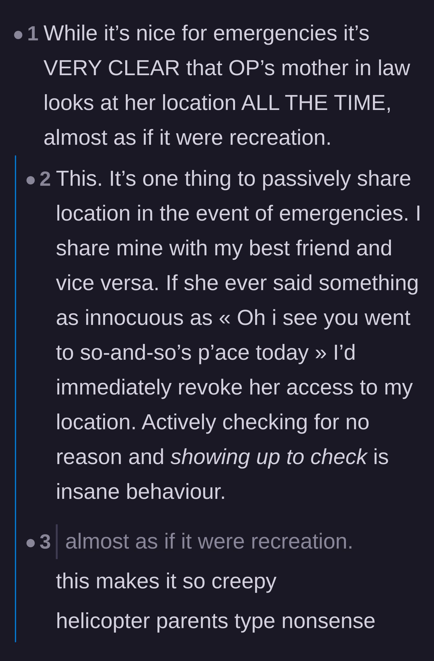 Comment thread 4 - Calling out the mother-in-law for clearly checking the location app recreationally.