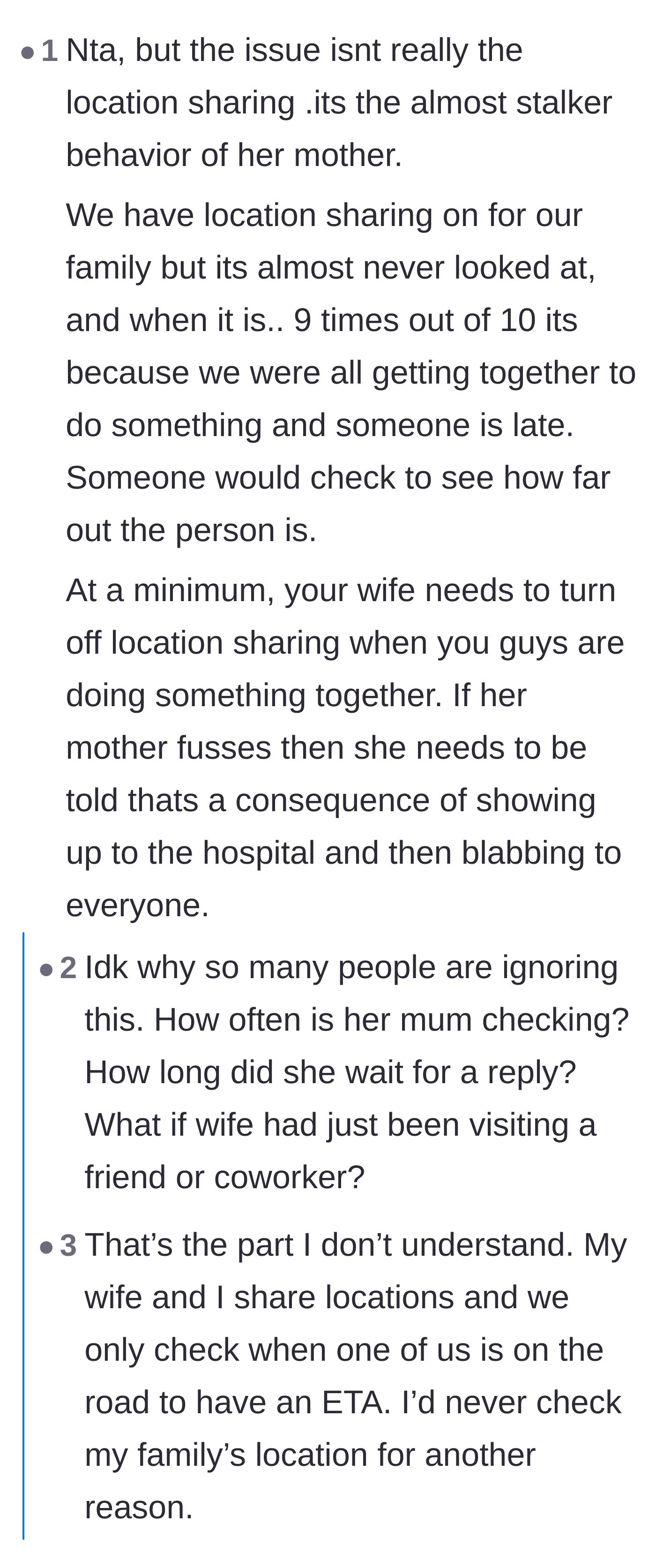 Comment thread 6 - Suggesting that the wife needs to turn off location sharing during joint activities as a direct consequence of the mother's actions.