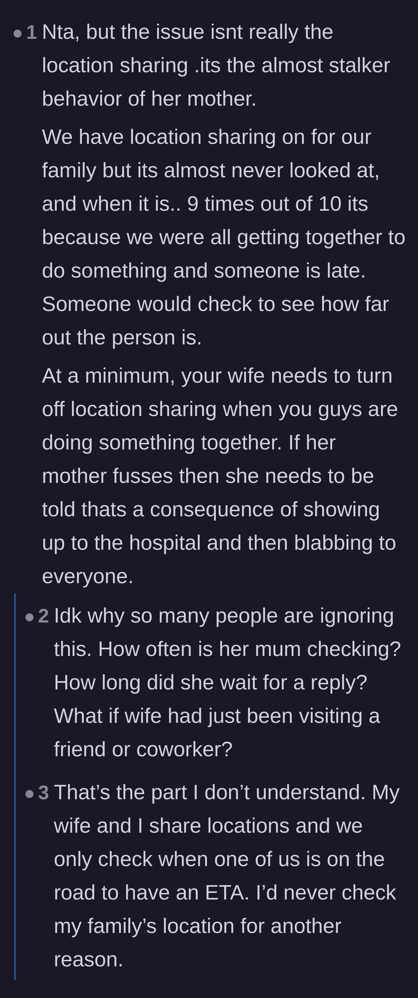 Comment thread 6 - Suggesting that the wife needs to turn off location sharing during joint activities as a direct consequence of the mother's actions.
