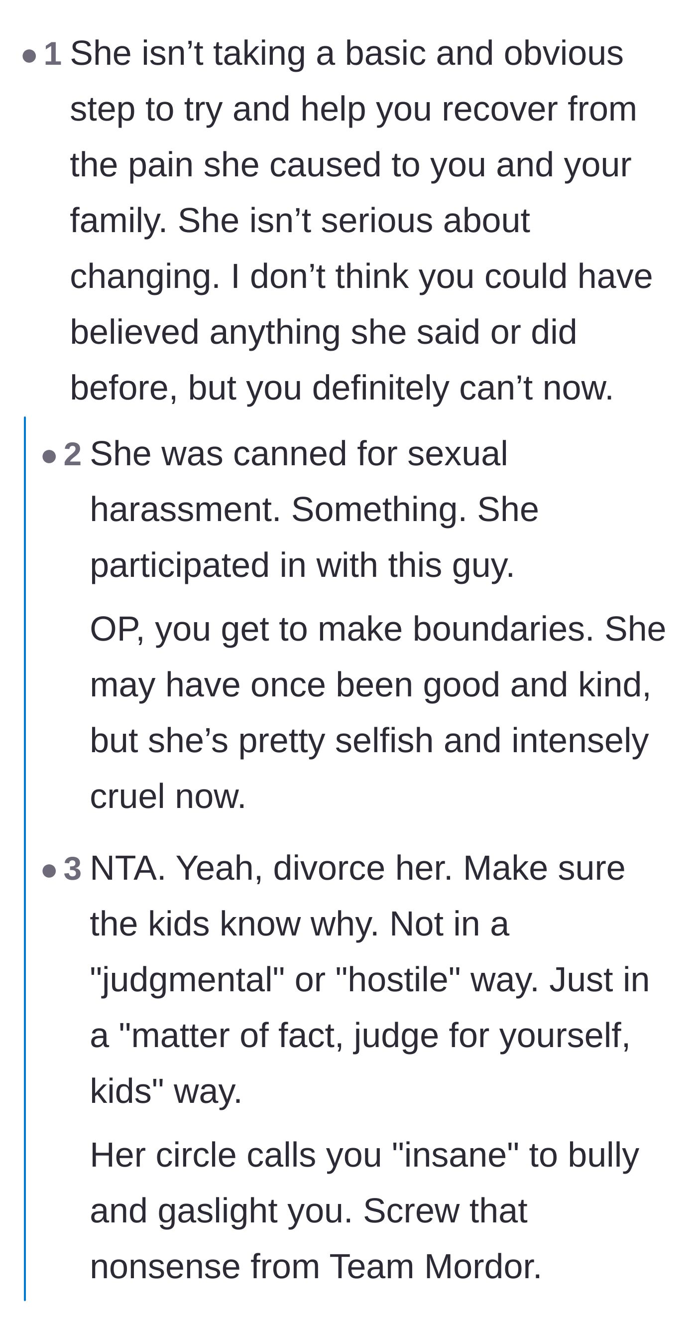 Comment thread 1 - Readers dissecting the wife's blatant lack of accountability and advising the husband against petty revenge.