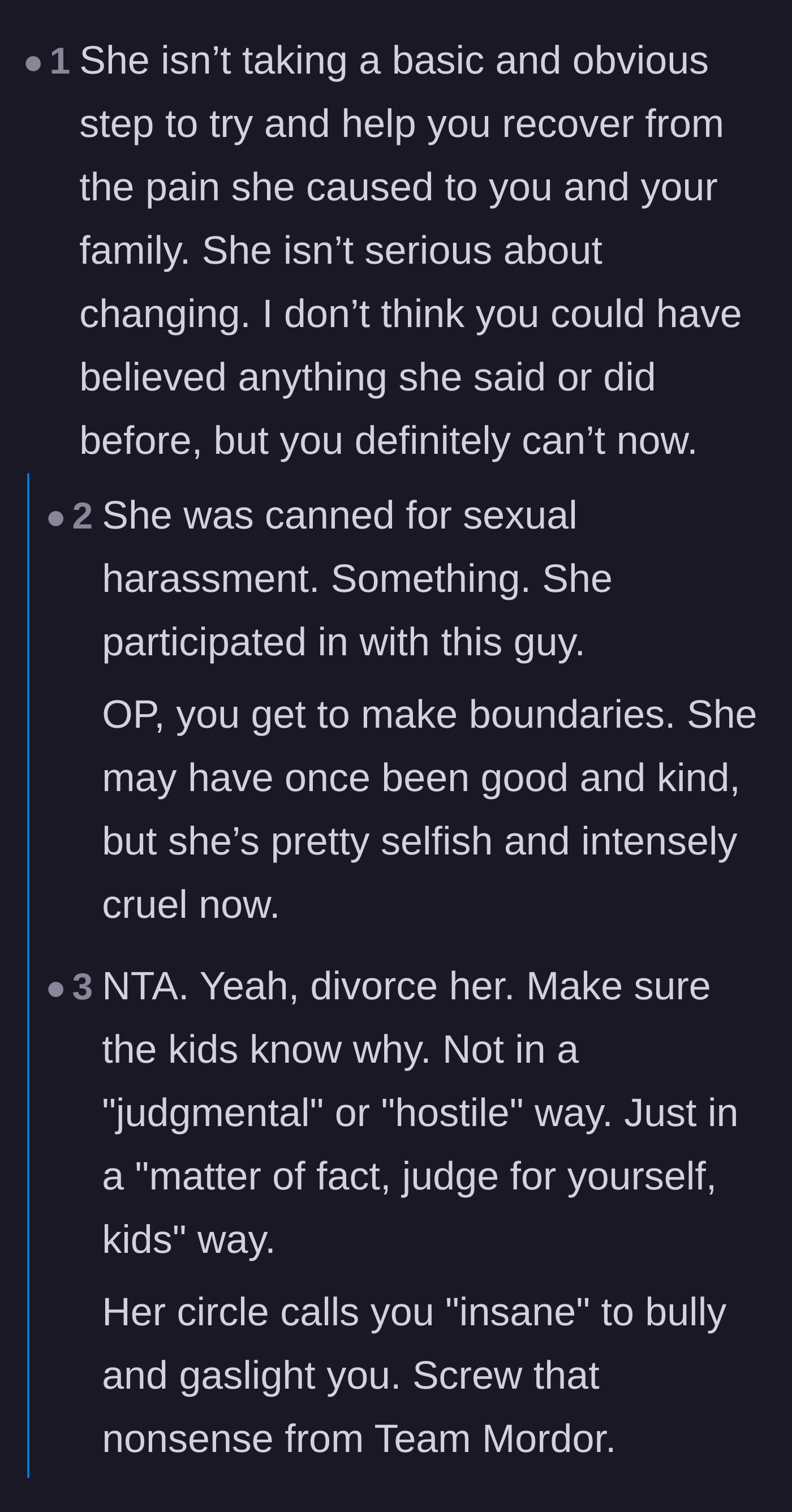Comment thread 1 - Readers dissecting the wife's blatant lack of accountability and advising the husband against petty revenge.