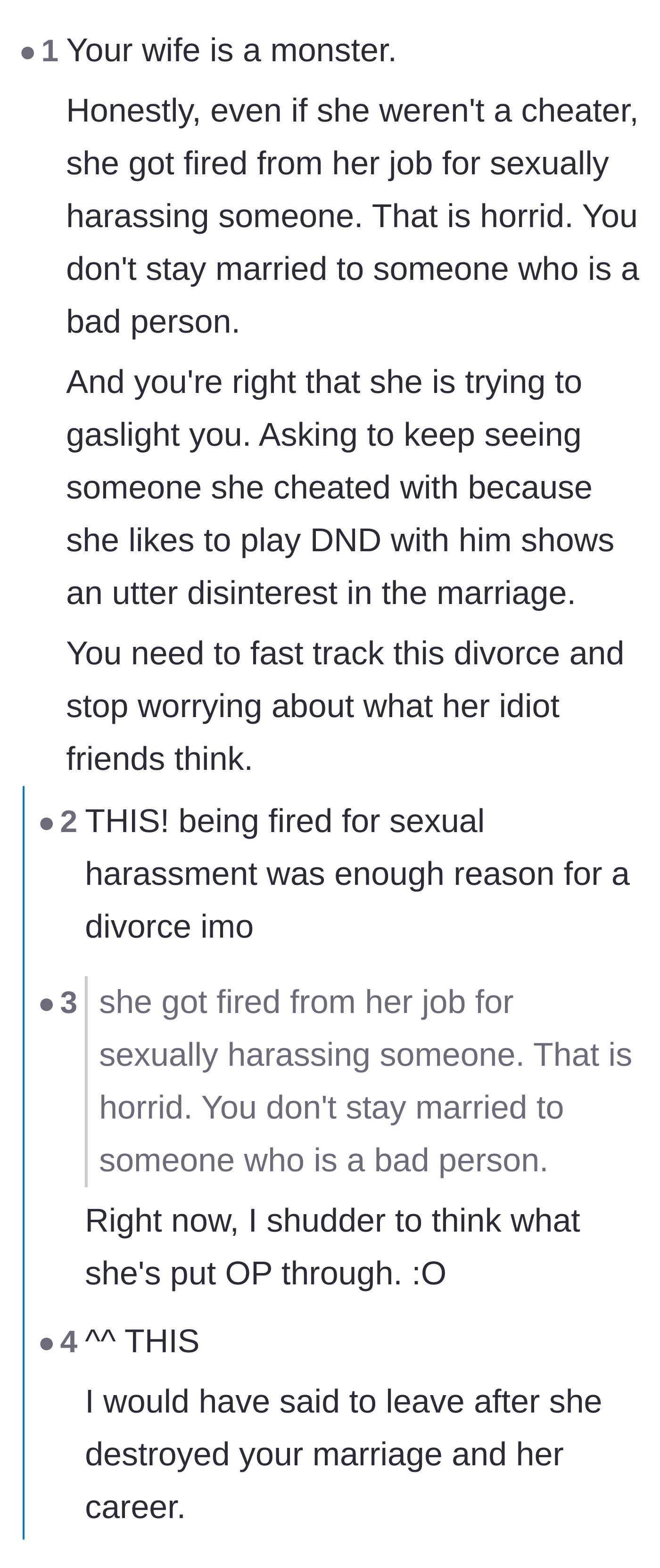 Comment thread 2 - Commenters reacting with disgust to the detail that the wife was fired for workplace sexual harassment.