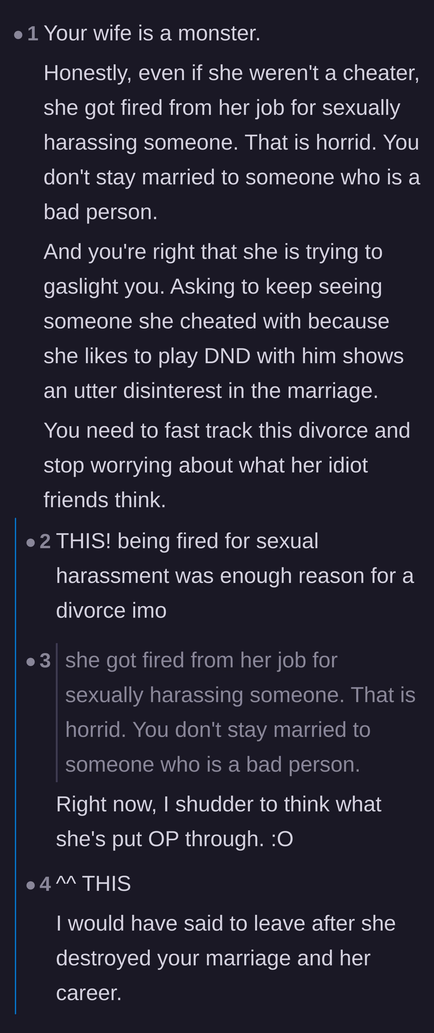 Comment thread 2 - Commenters reacting with disgust to the detail that the wife was fired for workplace sexual harassment.