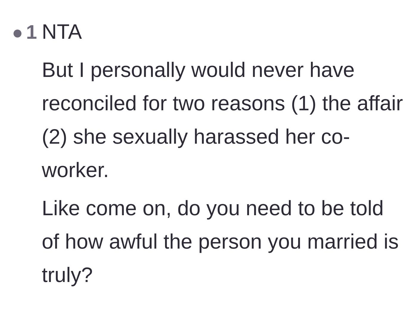 Comment thread 4 - A straightforward summary of why the marriage should have ended immediately.