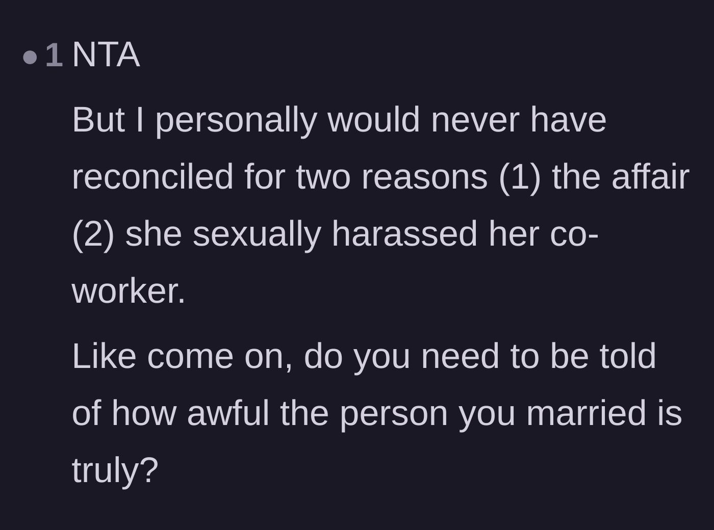 Comment thread 4 - A straightforward summary of why the marriage should have ended immediately.