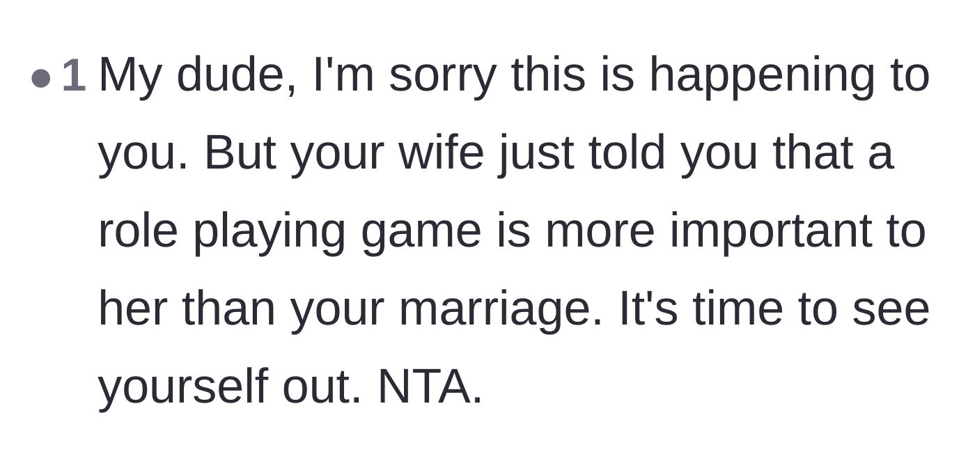 Comment thread 5 - A final blunt observation that the wife is prioritizing a tabletop game over her husband.