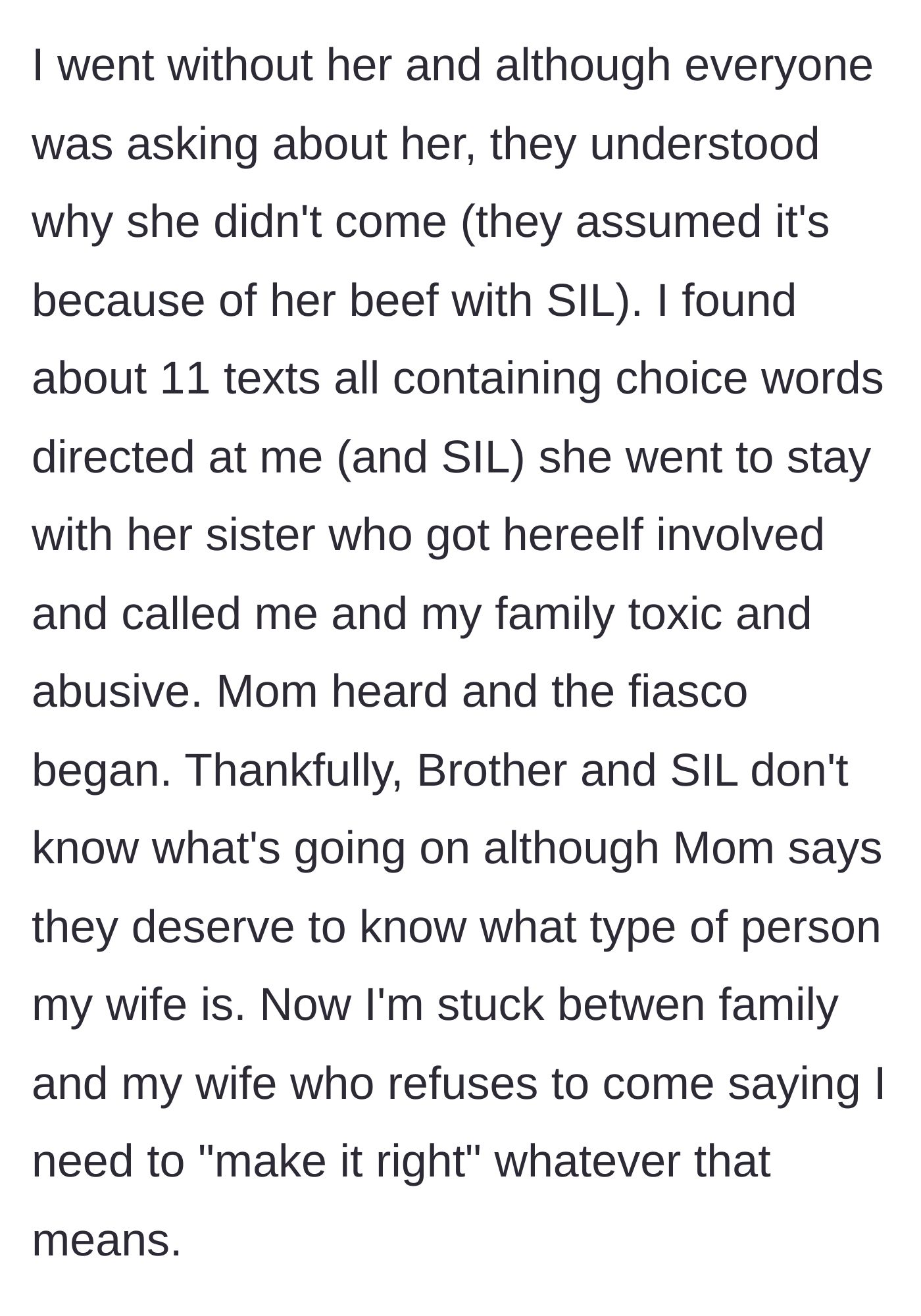 Story part 4 - The husband attends alone, while the furious wife flees to her sister's house, unleashes angry texts, and demands he 'make it right' as the wider family gets involved.