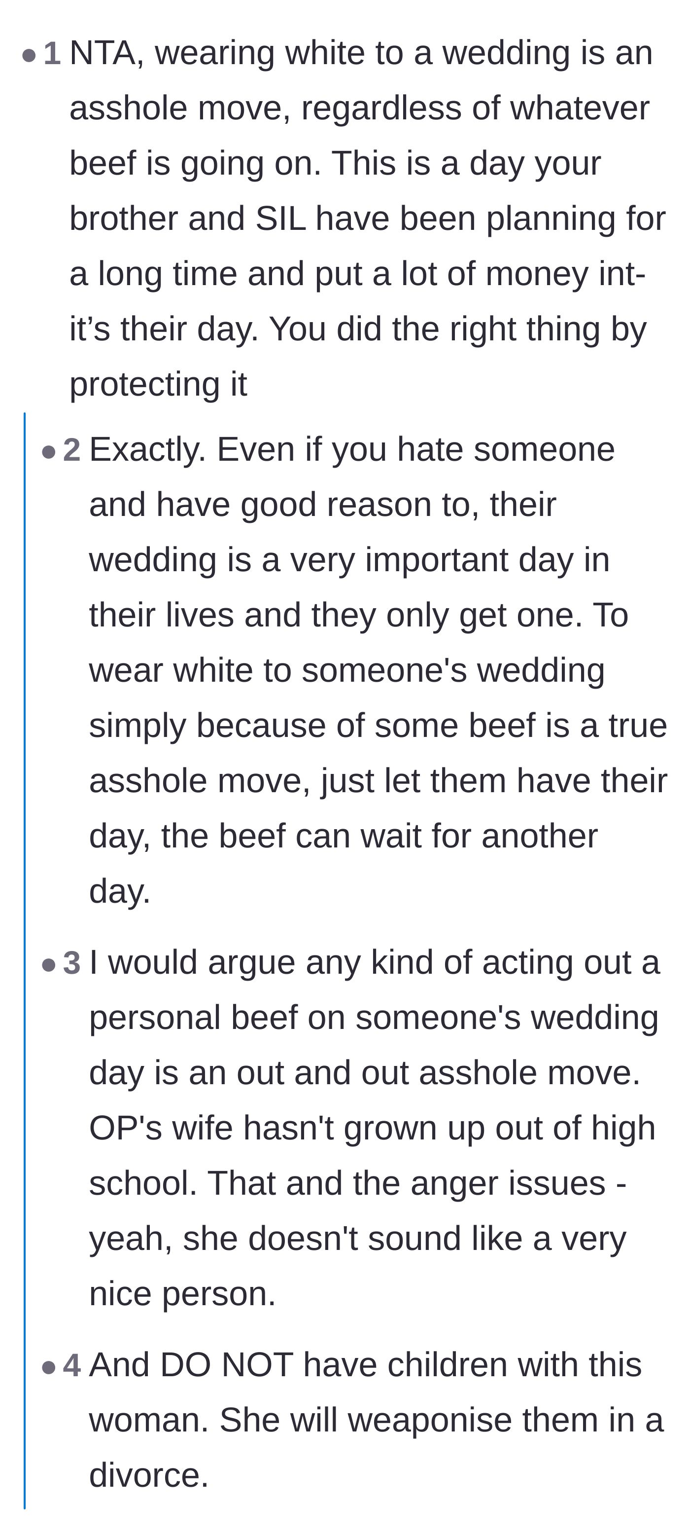 Comment thread 2 - Commenters agree that ruining a wedding is universally unacceptable, with some jokingly suggesting spilling red wine on the dress.