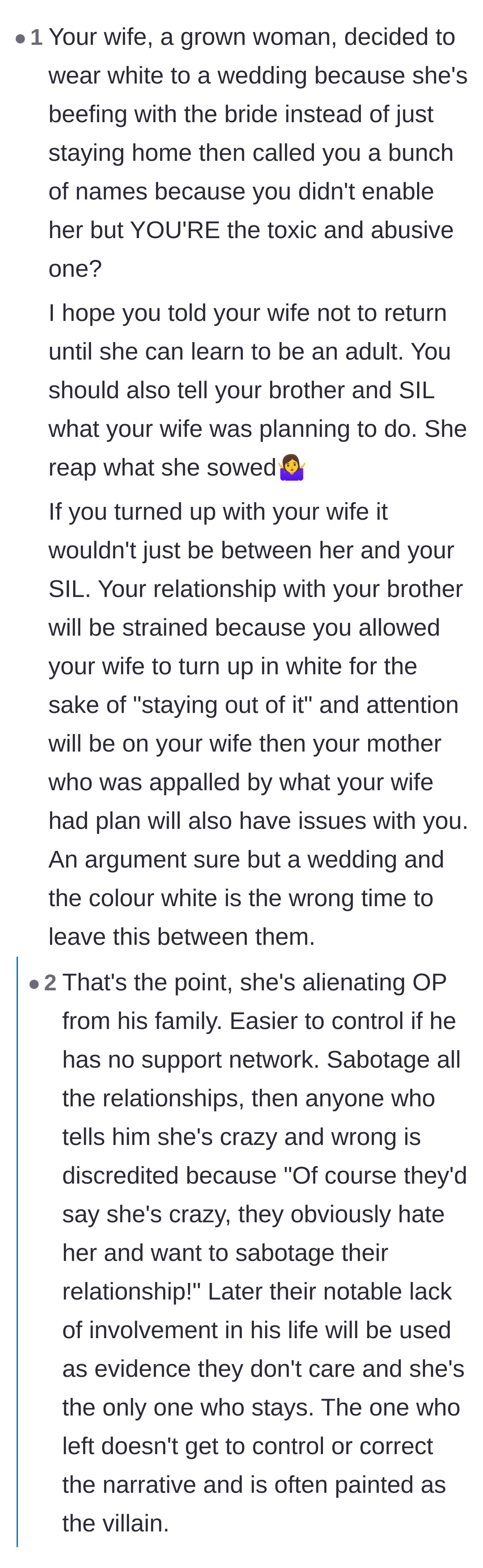 Comment thread 3 - Discussion about how the wife is trying to alienate the husband from his family and unfairly painting him as abusive.