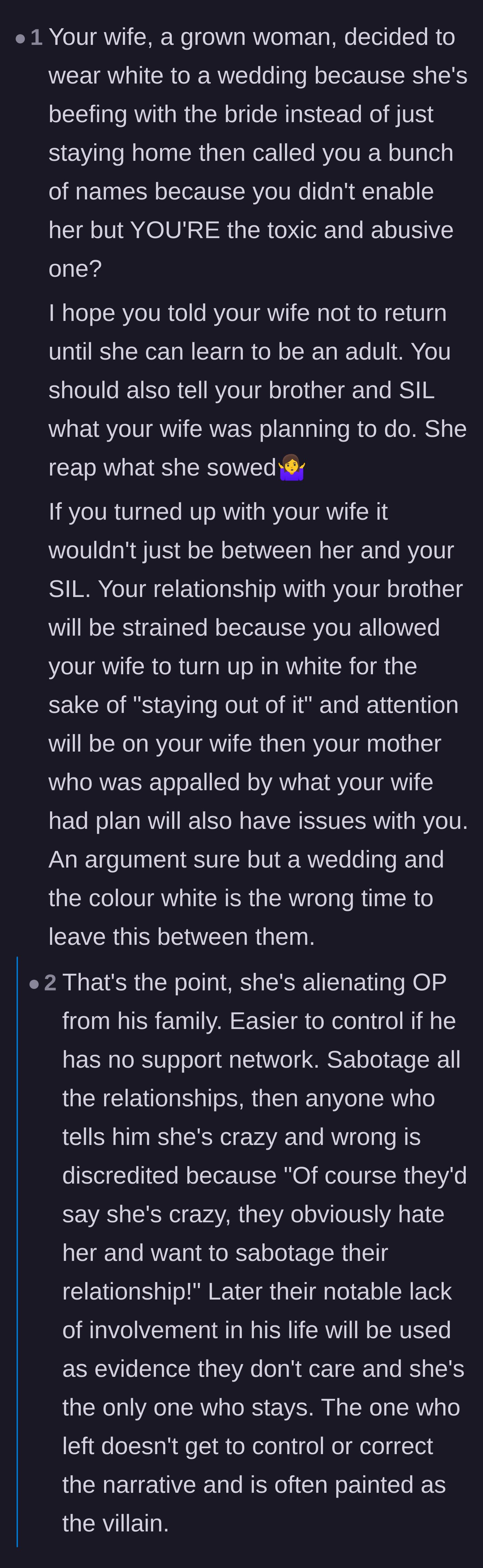 Comment thread 3 - Discussion about how the wife is trying to alienate the husband from his family and unfairly painting him as abusive.