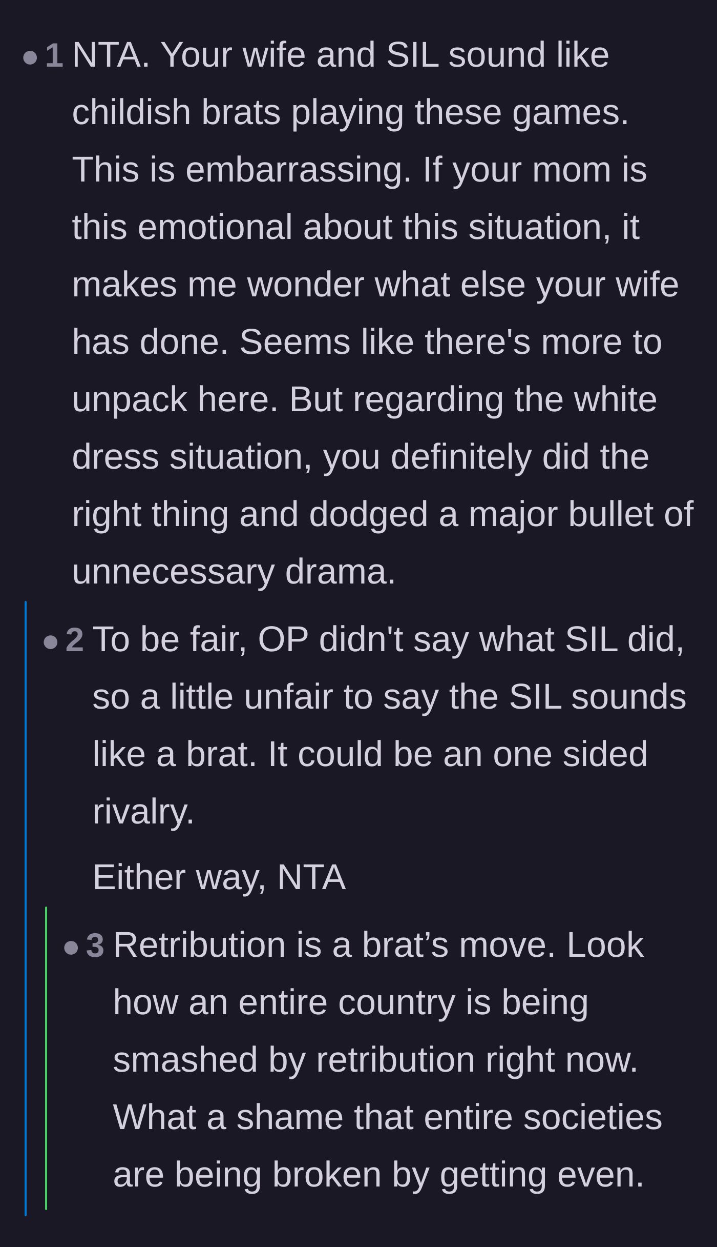Comment thread 5 - Debate over whether the sister-in-law is also to blame, ultimately concluding the wife's actions are indefensible regardless of the feud.
