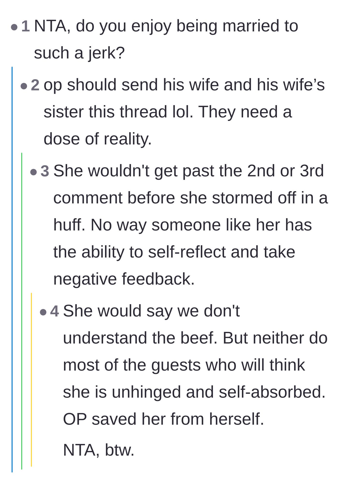 Comment thread 6 - A blunt comment asking why he stays married to her, with replies noting she would never have the self-awareness to accept criticism.