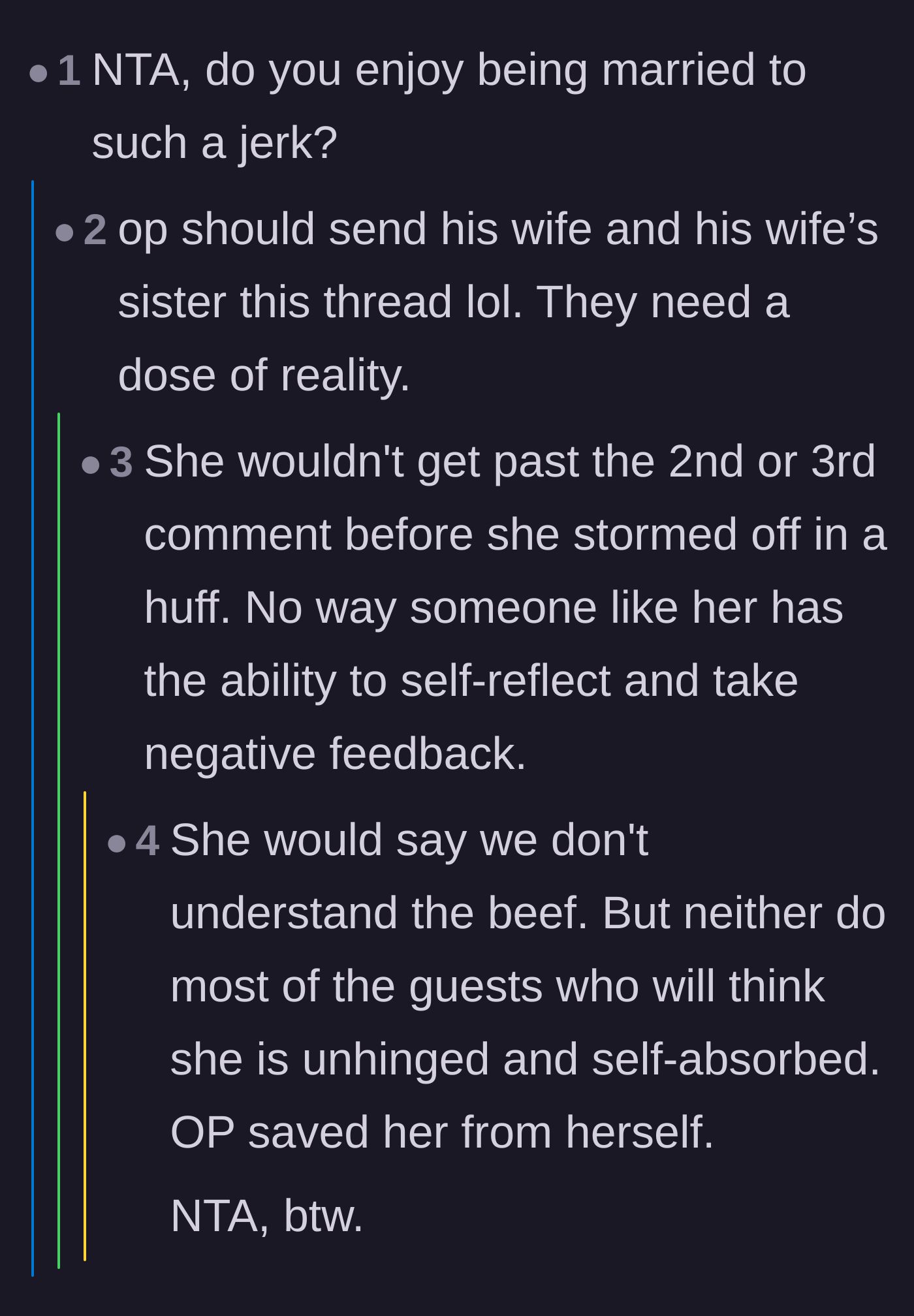 Comment thread 6 - A blunt comment asking why he stays married to her, with replies noting she would never have the self-awareness to accept criticism.