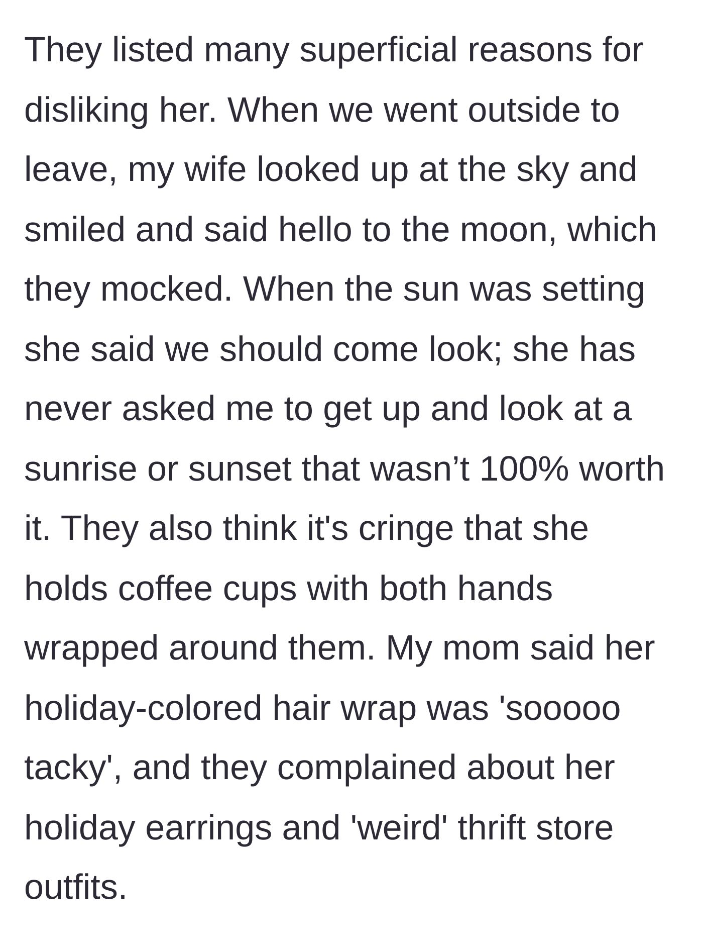 Story part 2 - The mother and sister mock the wife's gentle quirks, like greeting the moon and holding coffee cups with both hands.