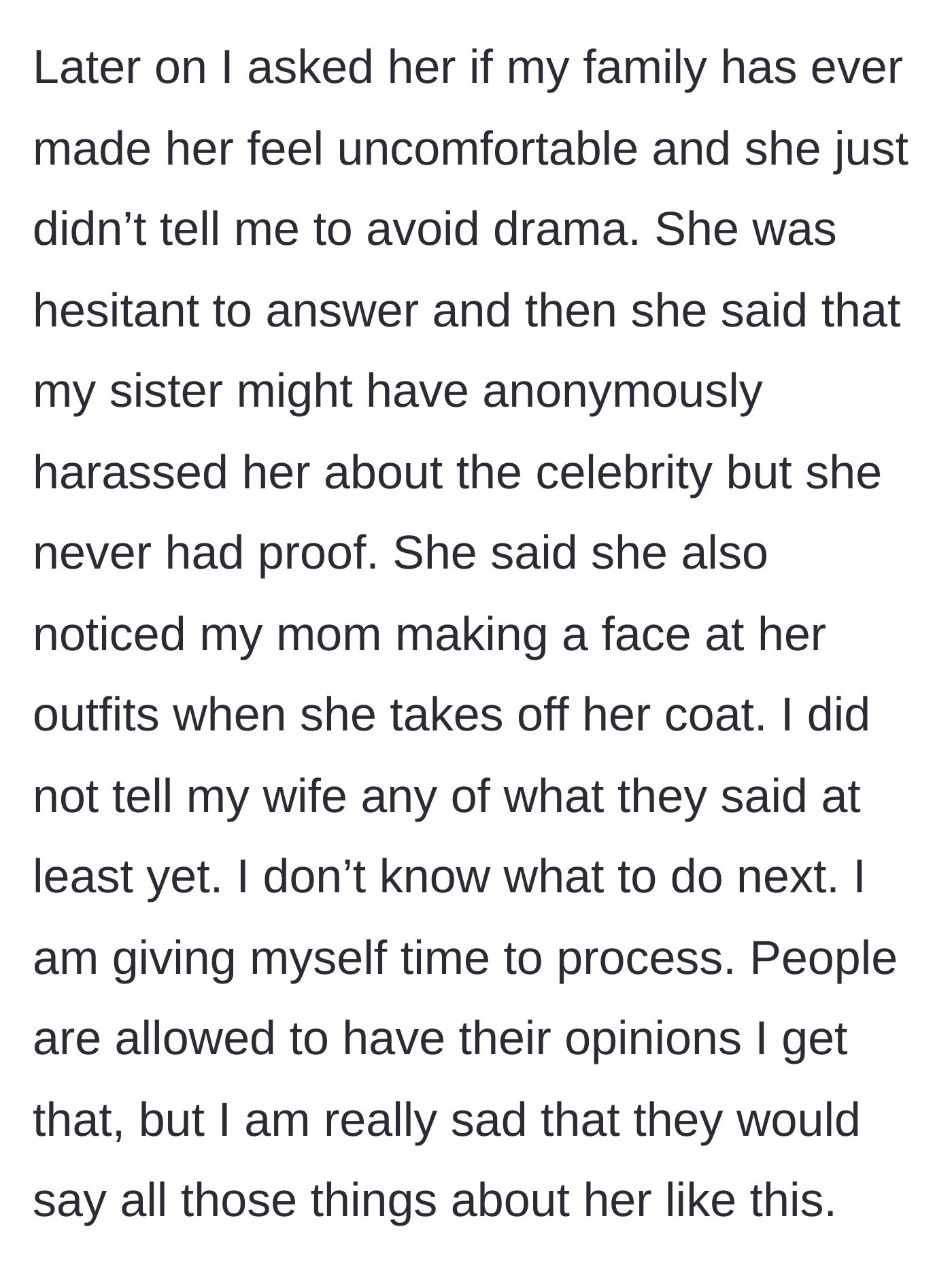 Story part 5 - The husband gently checks in with his wife, who admits to subtle toxicity from his sister and mother.